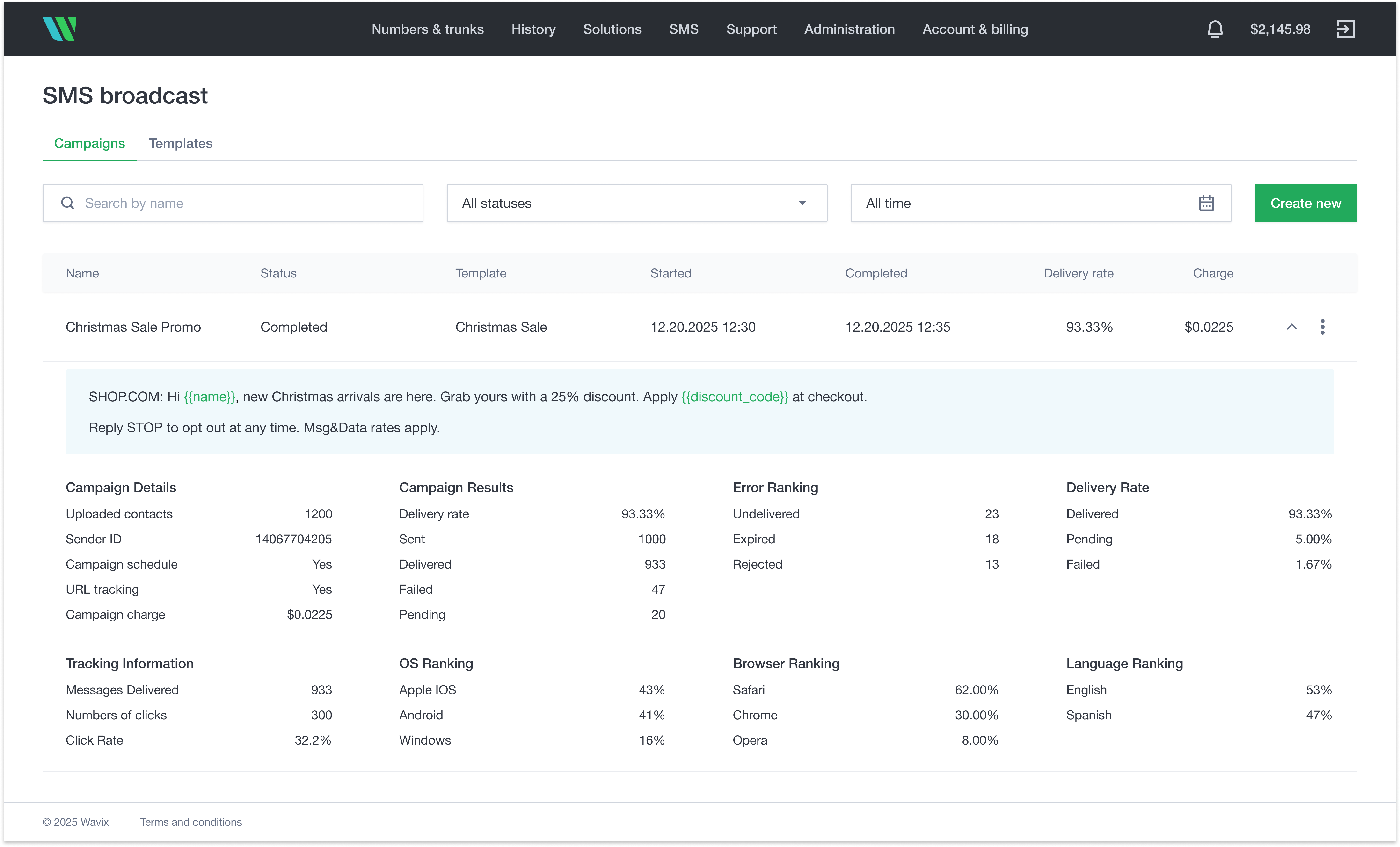 SMS broadcast analytics showing delivery and click metrics SMS broadcast analytics showing delivery and click metrics