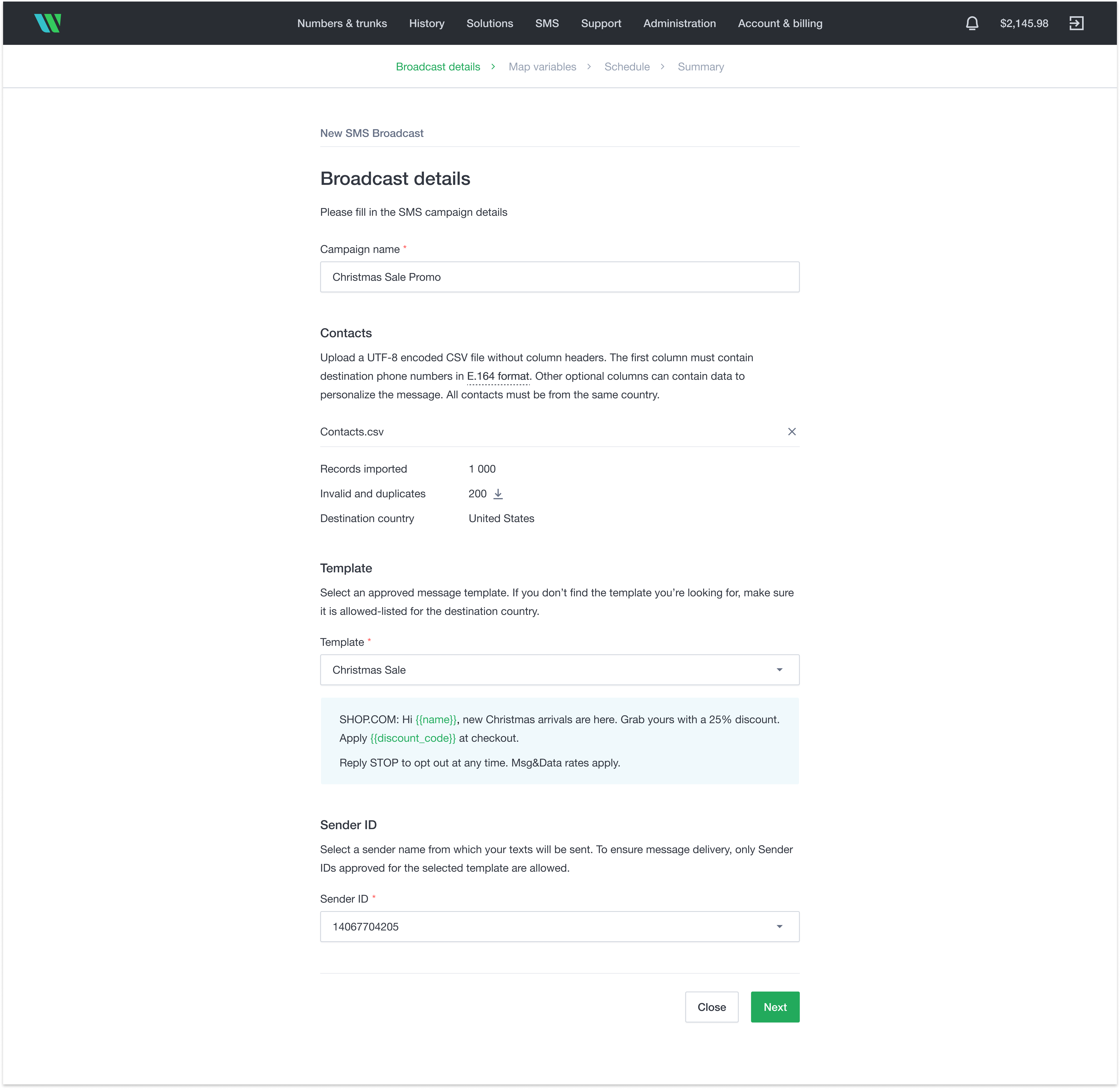 SMS broadcast wizard: add general details step with contact upload, template, and Sender ID SMS broadcast wizard: add general details step with contact upload, template, and Sender ID