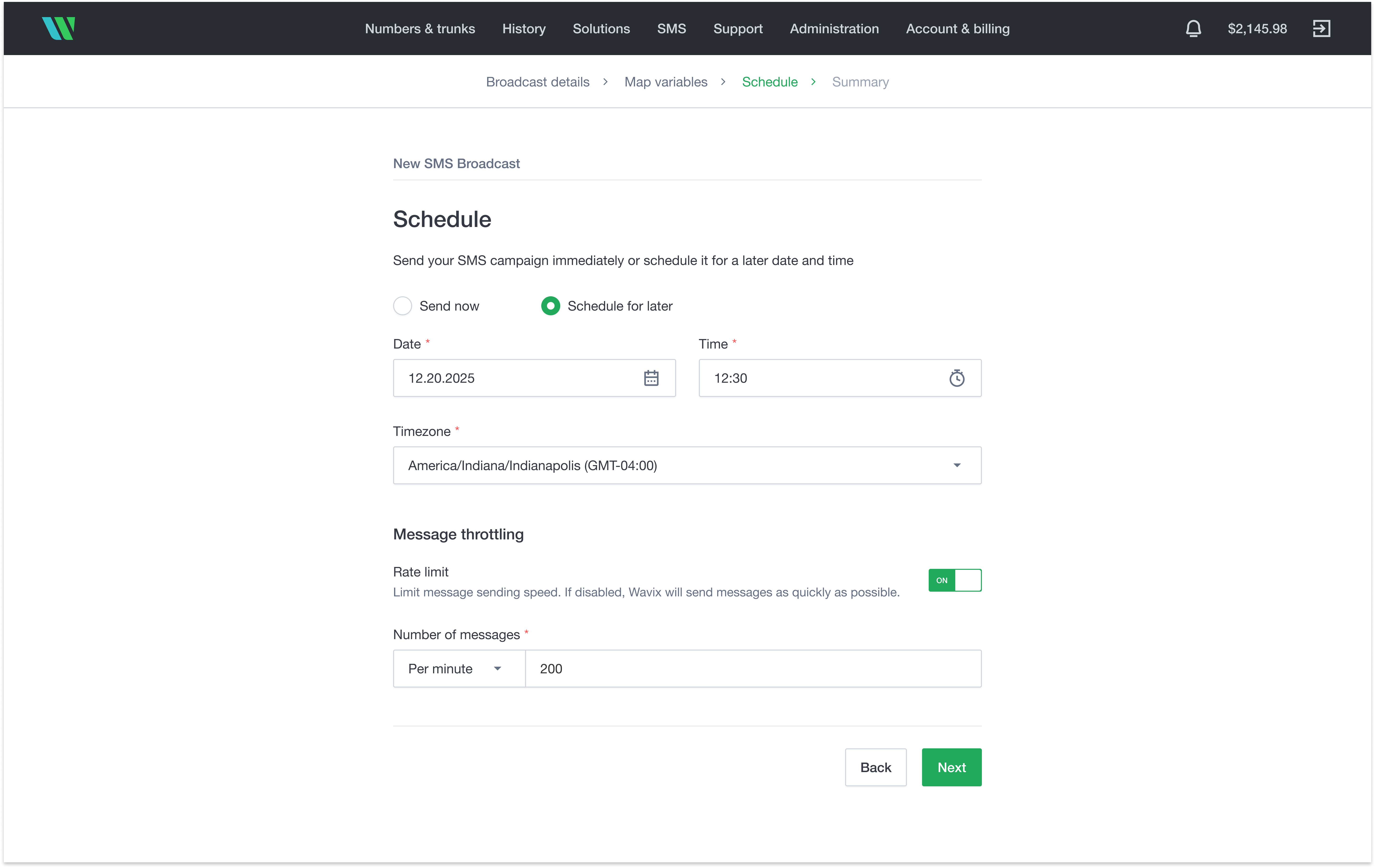 SMS broadcast wizard: schedule the broadcast step SMS broadcast wizard: schedule the broadcast step