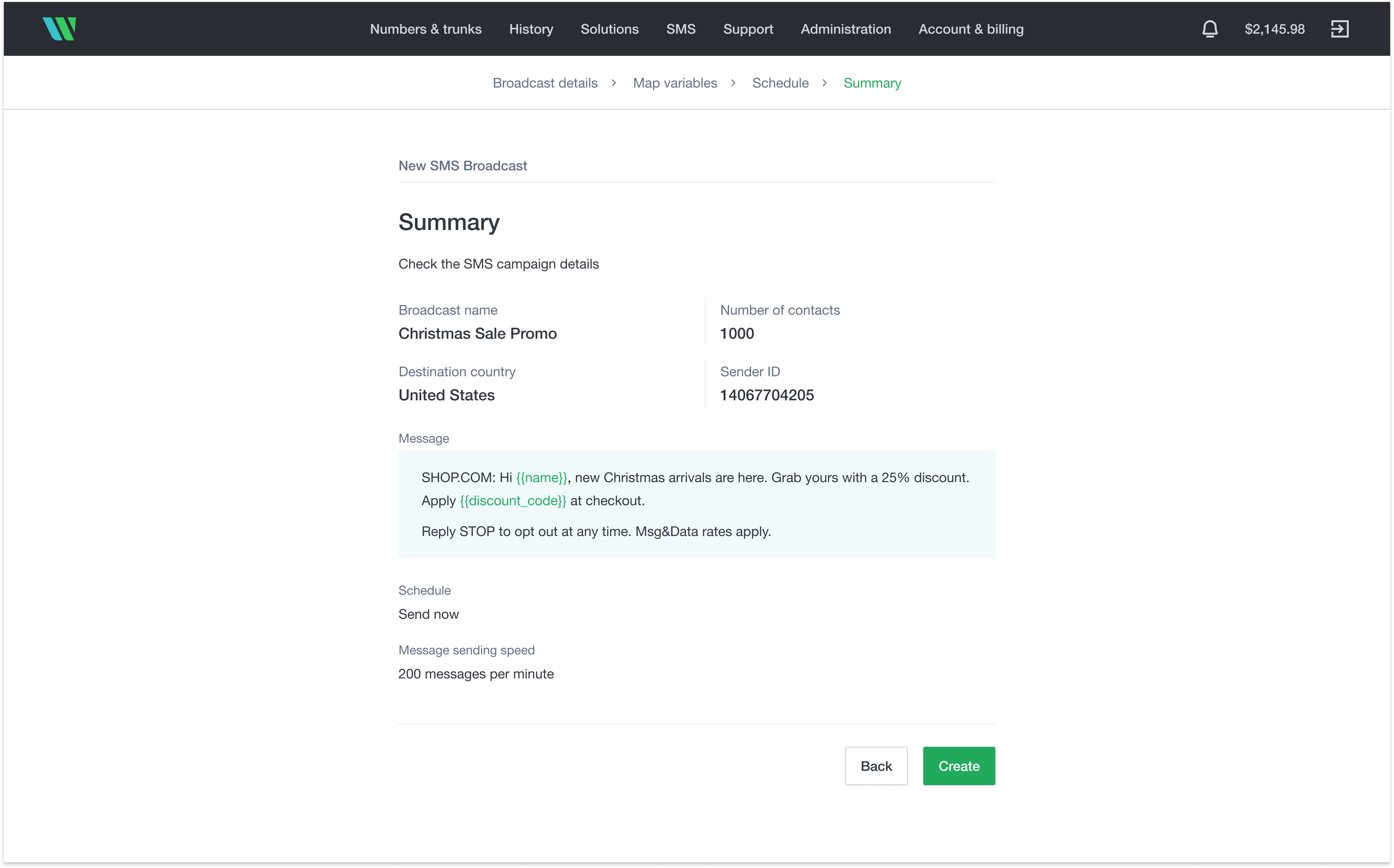 SMS broadcast wizard: review and launch step SMS broadcast wizard: review and launch step