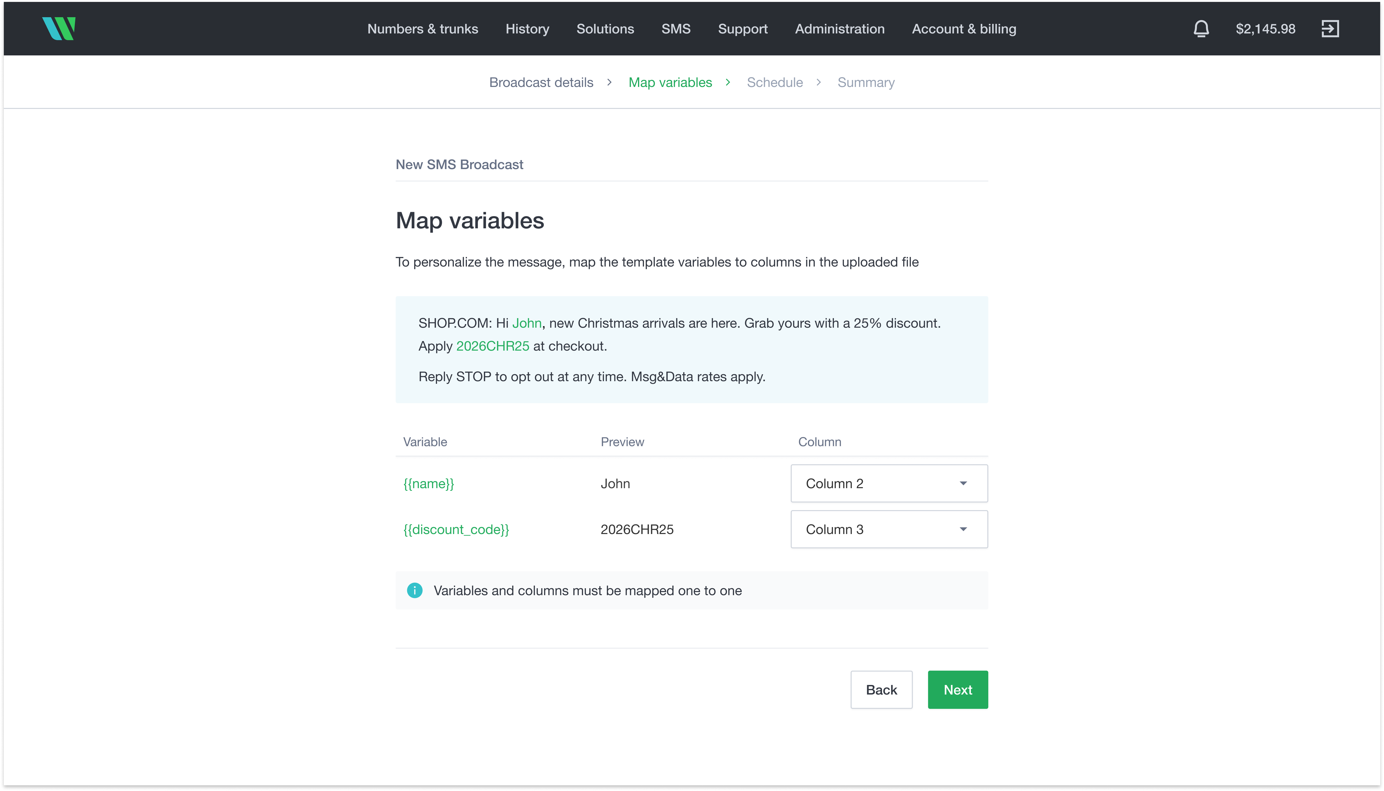 SMS broadcast wizard: map variables step SMS broadcast wizard: map variables step
