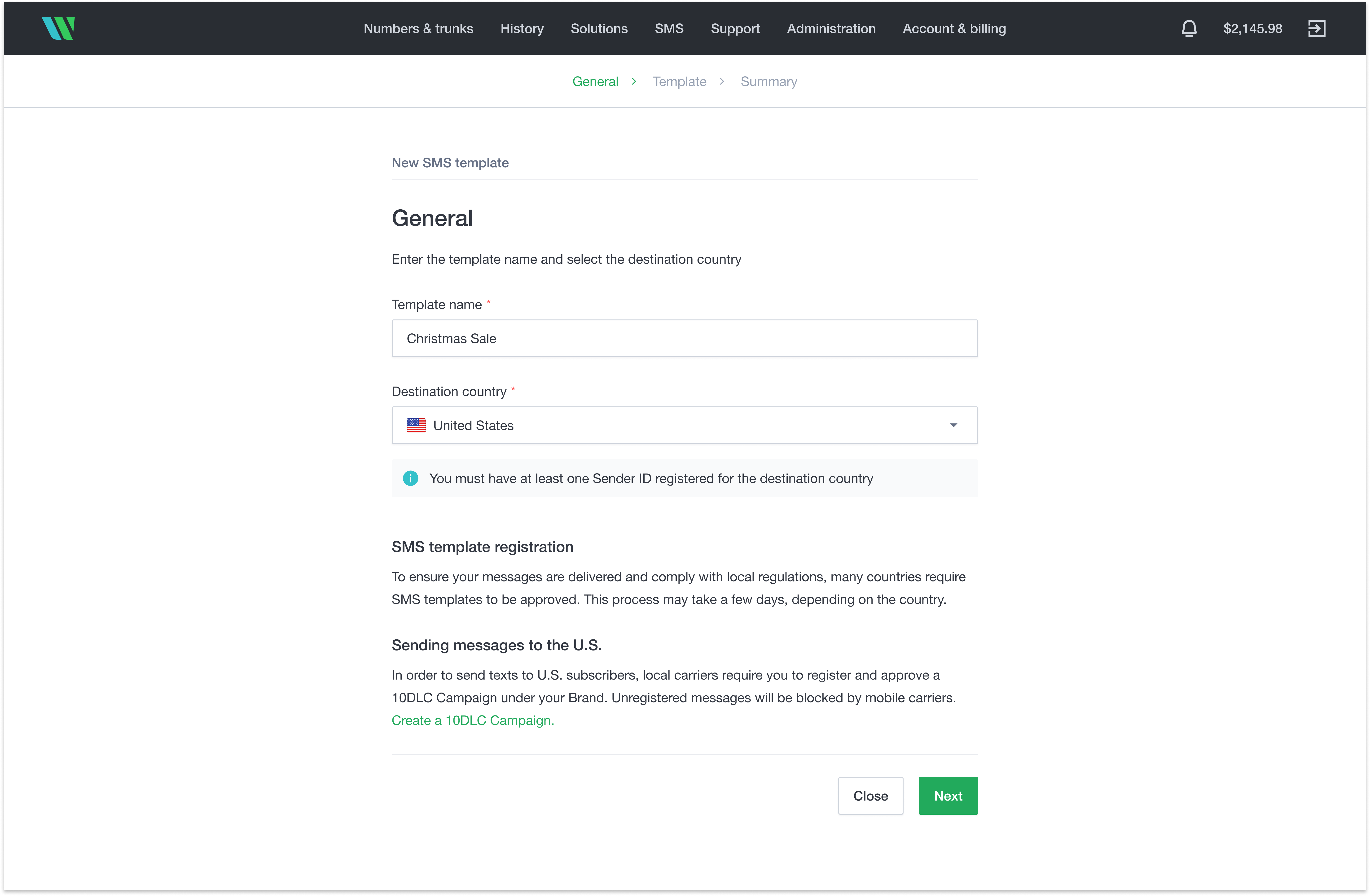 SMS template wizard: general information step SMS template wizard: general information step