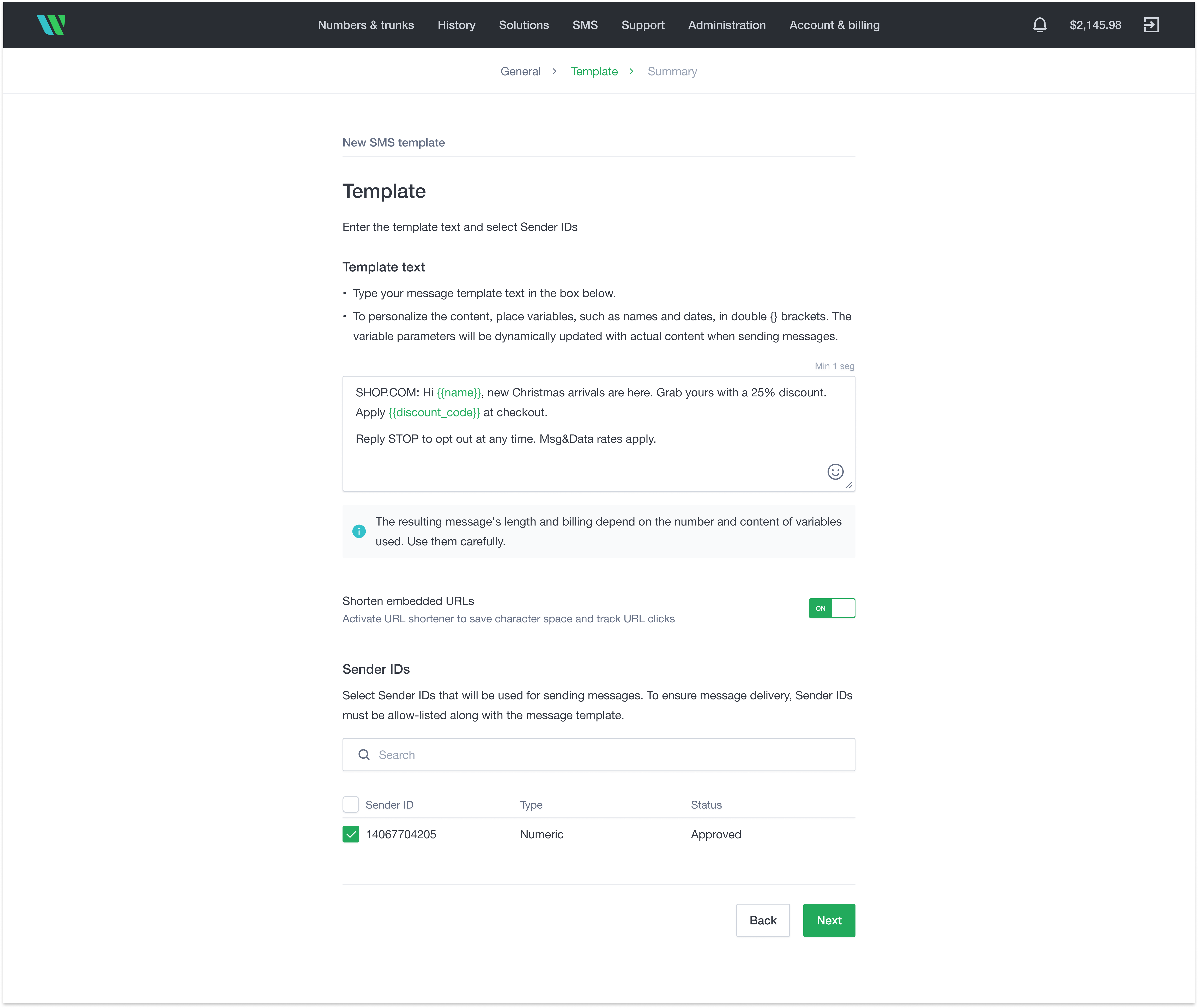 SMS template wizard: write your message step with Sender ID selection SMS template wizard: write your message step with Sender ID selection