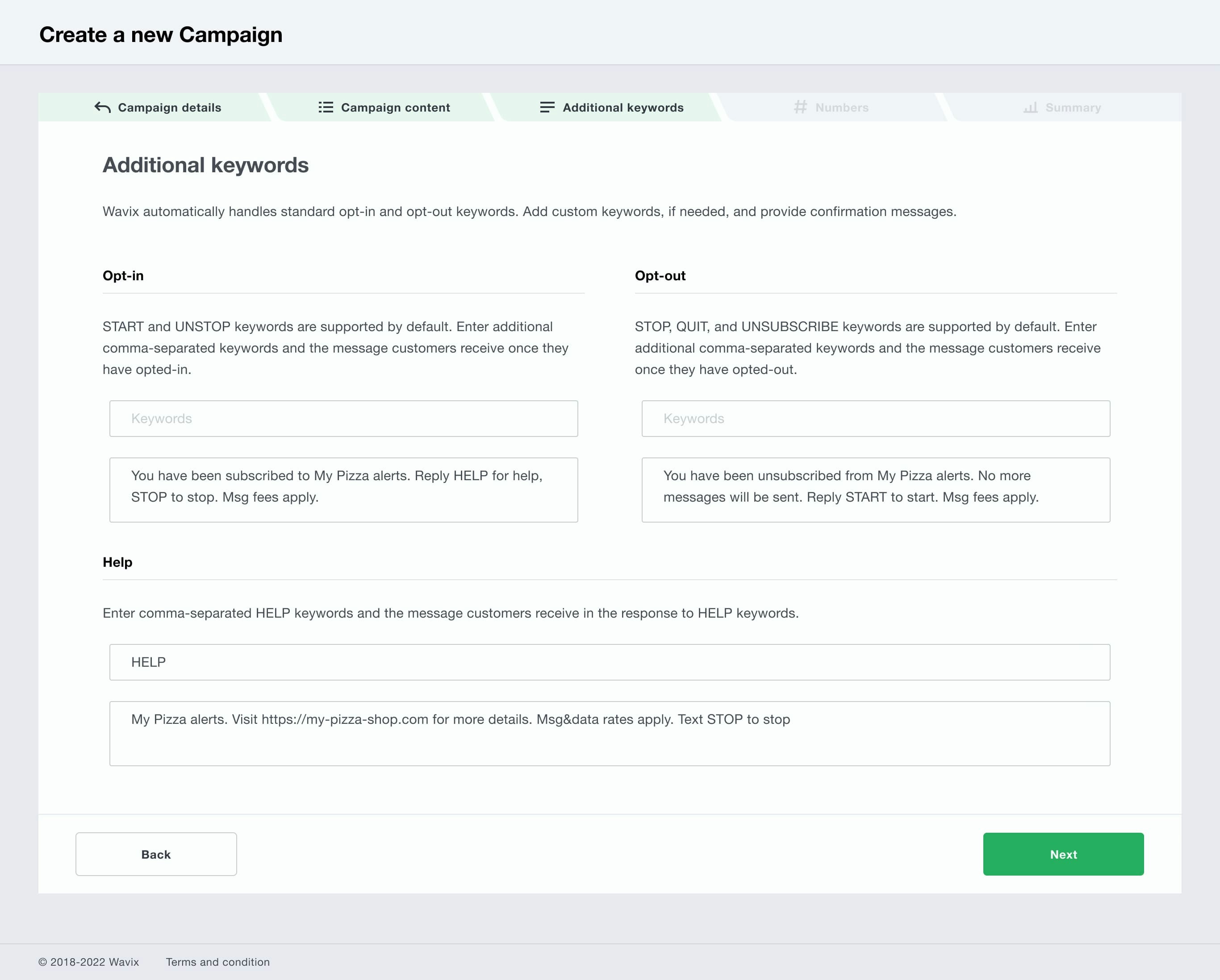Additional opt-in, opt-out, and help keywords screenshot