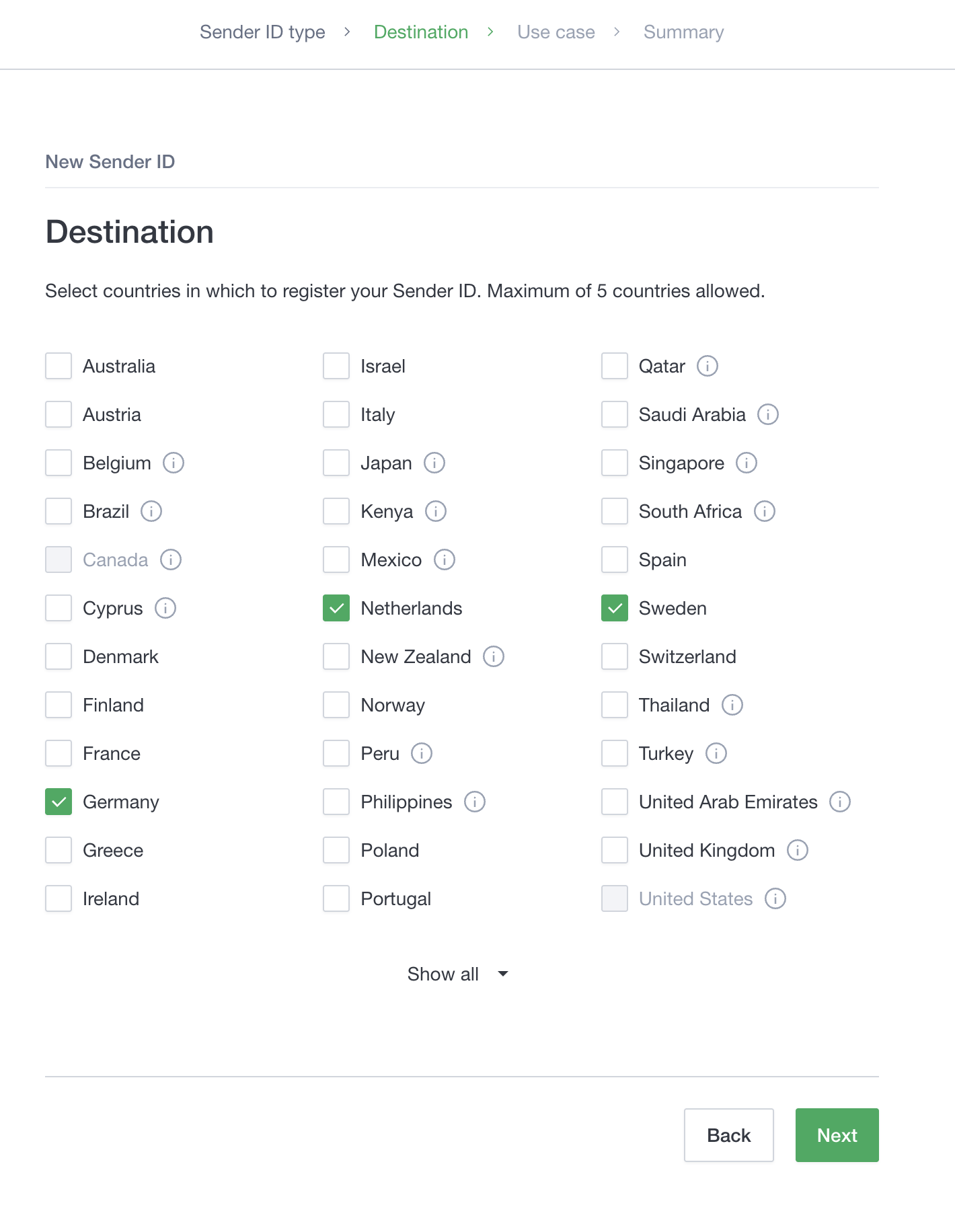 Sender ID registration (destinations) Sender ID registration (destinations) screenshot