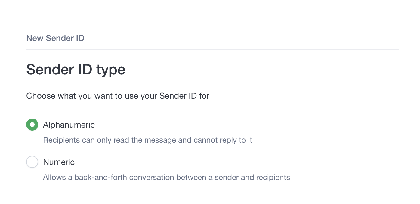 Sender ID registration (type) Sender ID registration (type) screenshot
