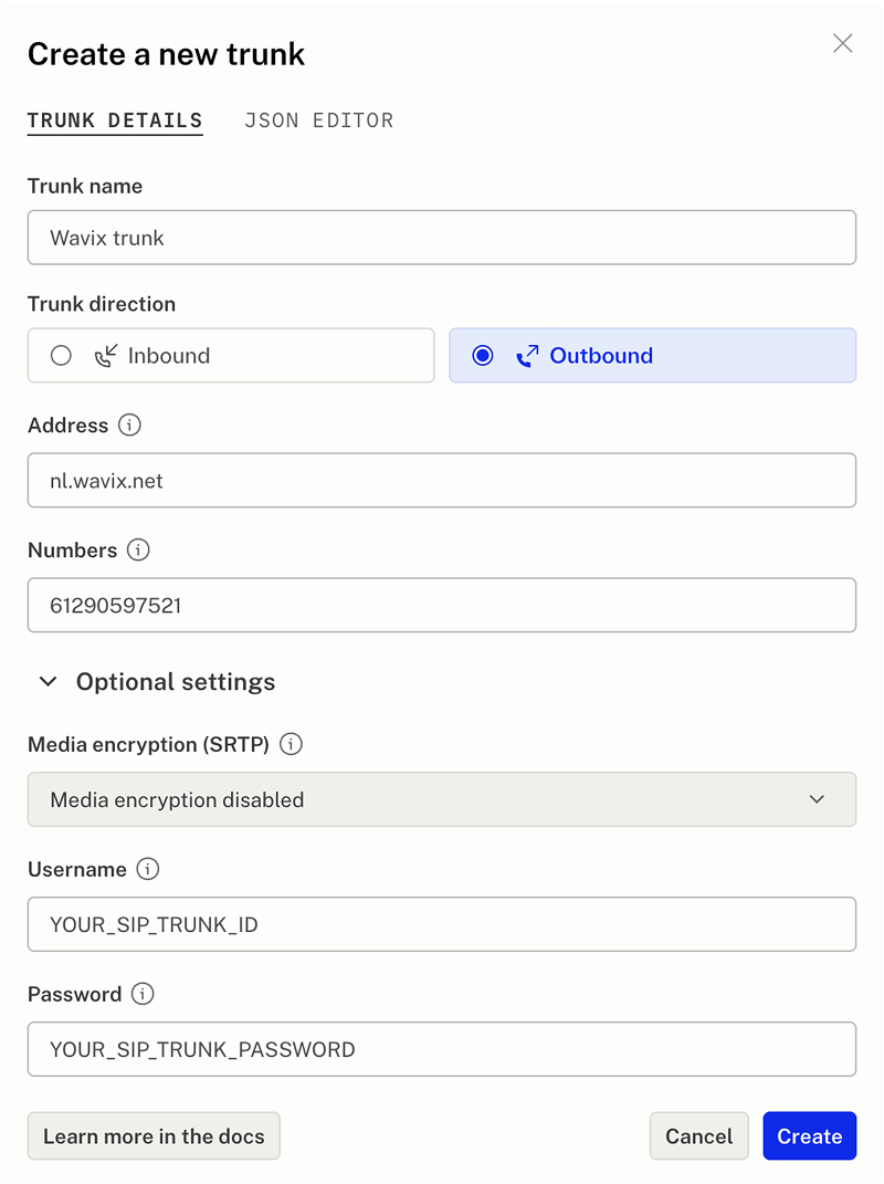 LiveKit - Create a new trunk LiveKit new trunk screenshot