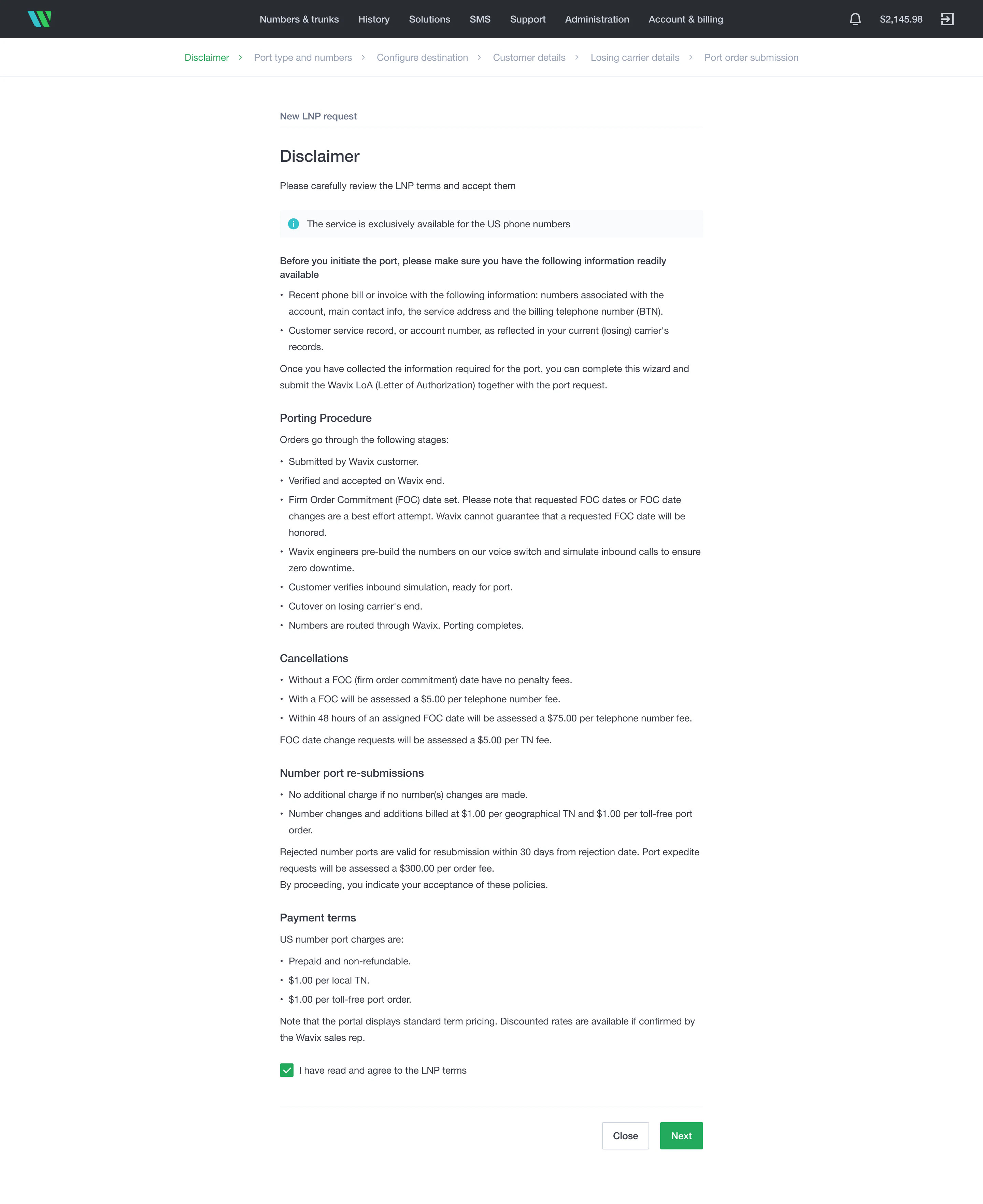 Review and agree with porting terms