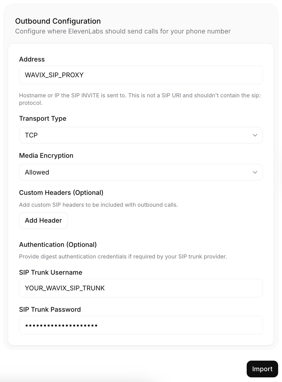 Outbound Configuration ElevenLabs outbound configuration screenshot