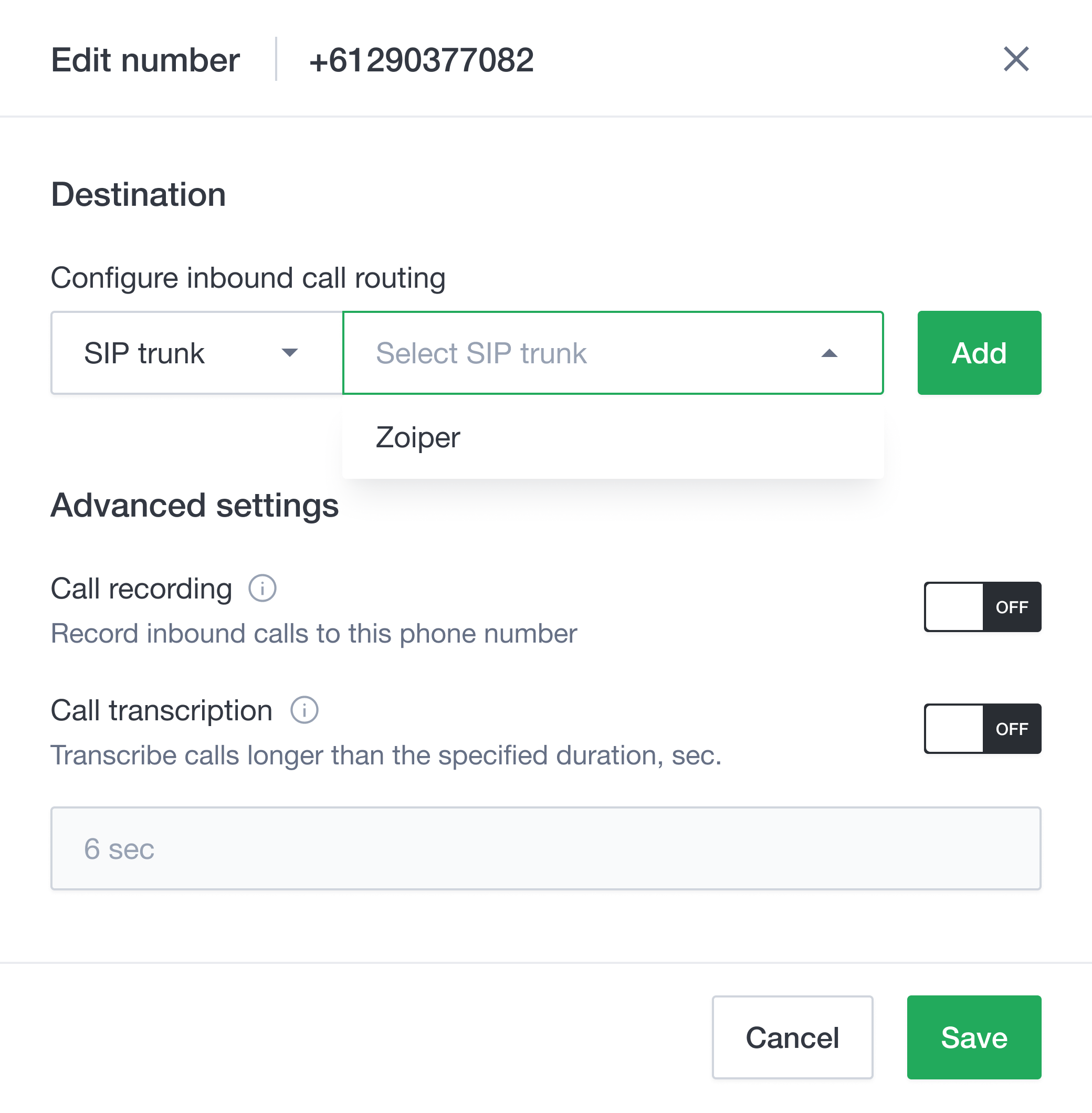 Wavix phone number configuration