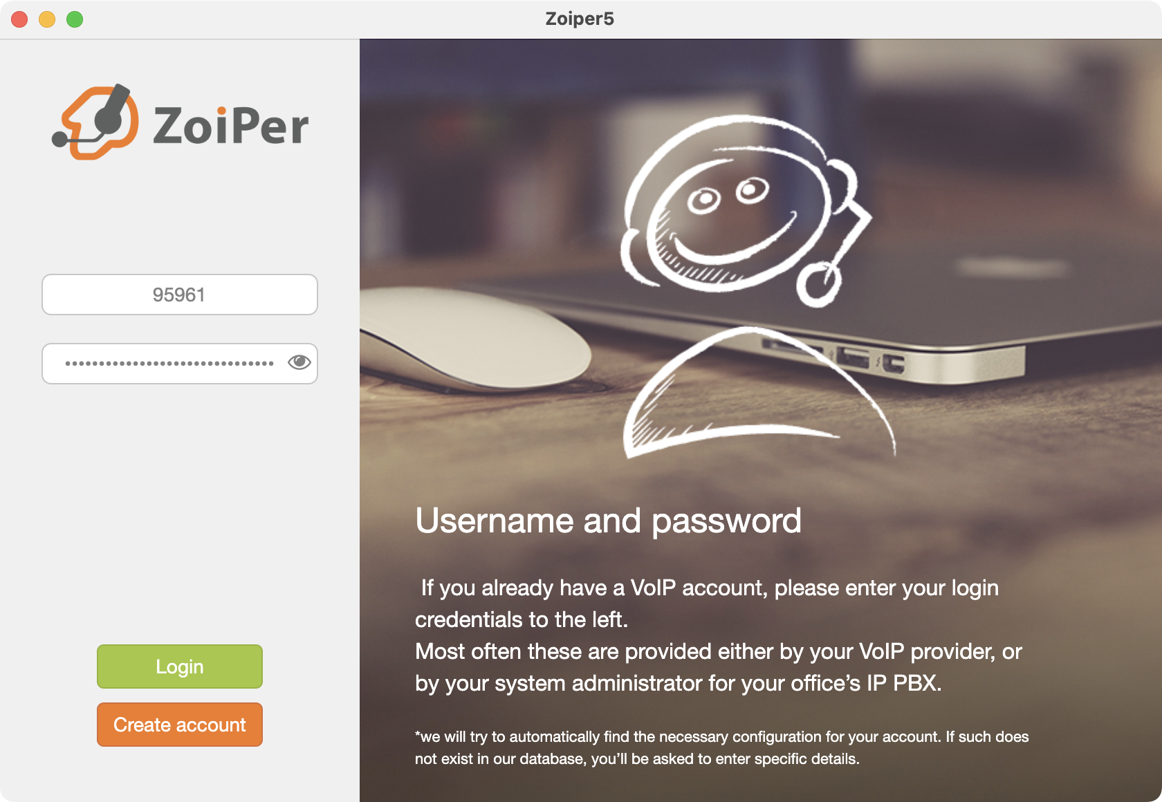 Enter SIP username and password SIP username and password
