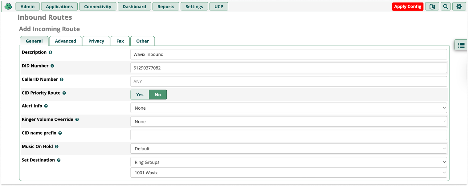 FreePBX Inbound Route configuration