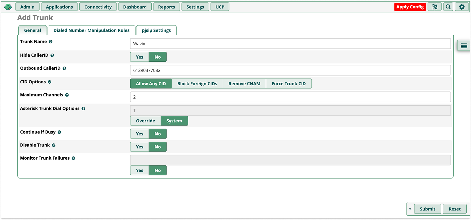 FreePBX SIP trunk general configuration
