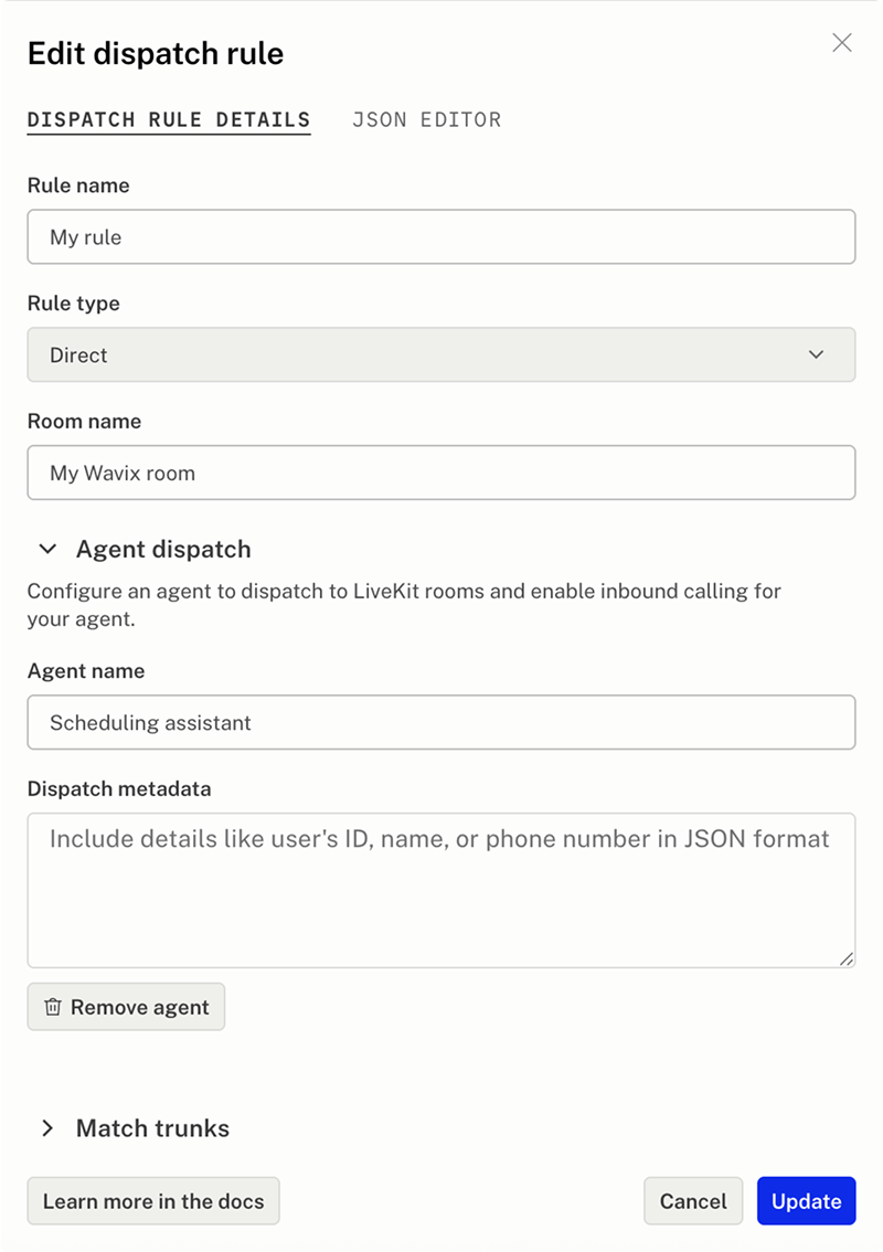 Create a dispatch rule LiveKit dispatch rule screenshot