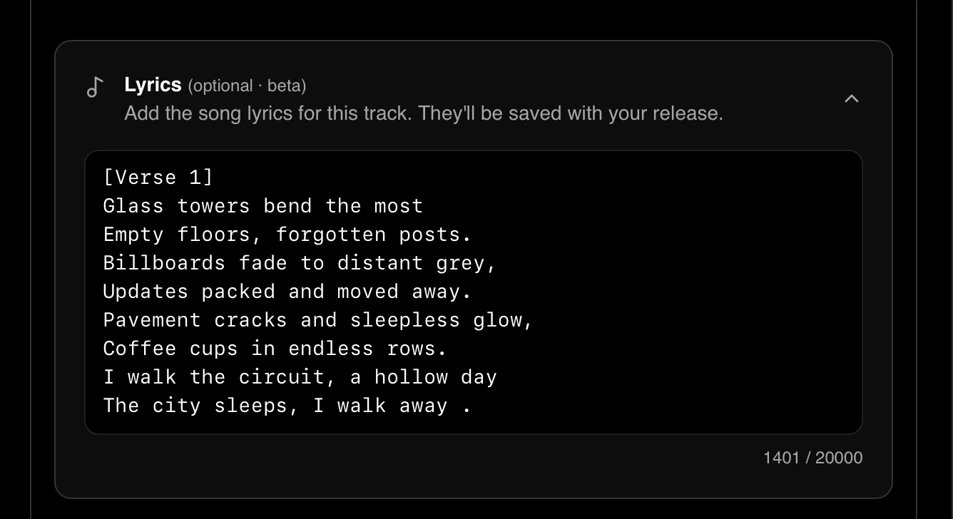 Lyrics field in the track upload form, showing plain text lyrics with verse and chorus labels