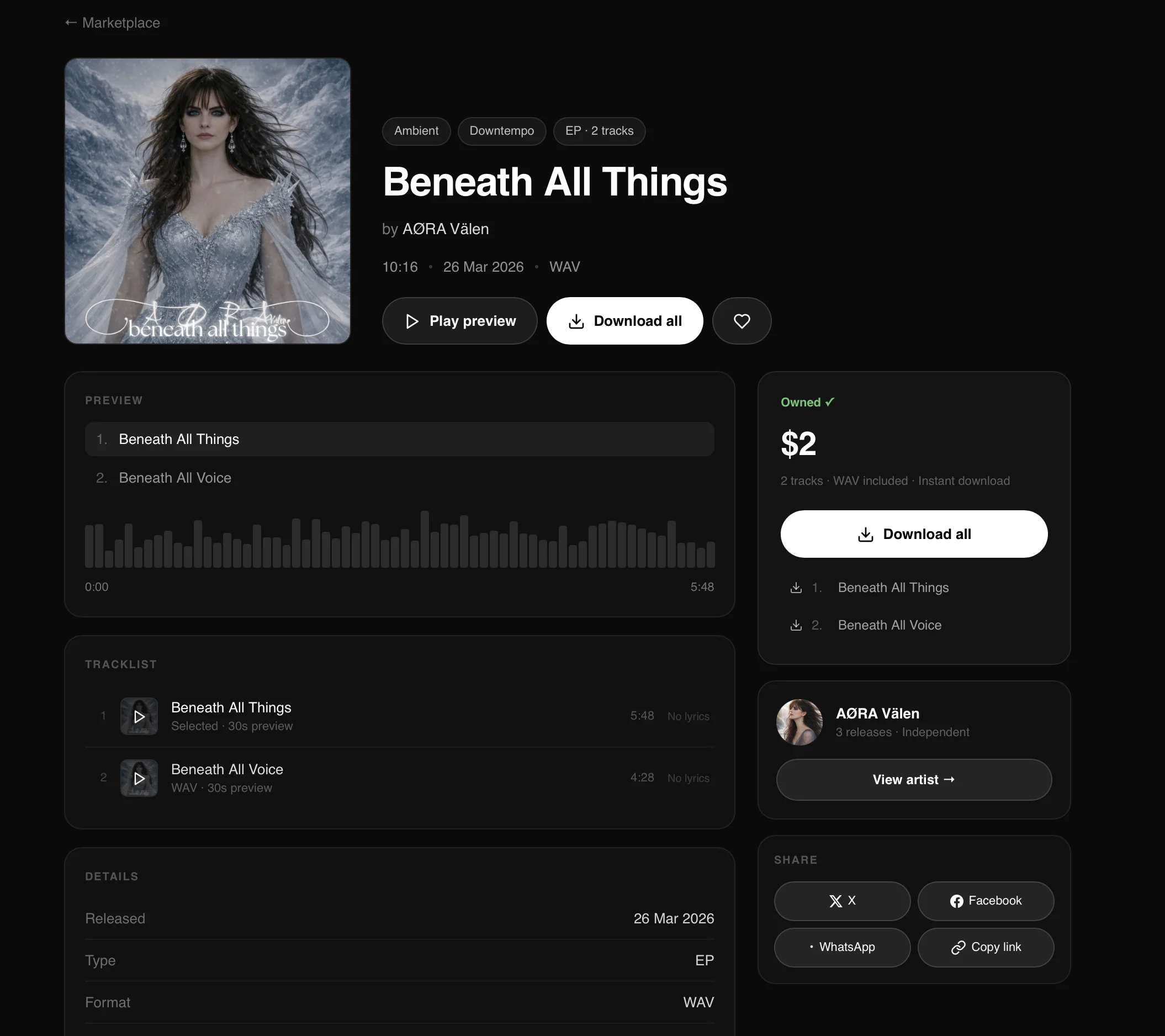 Release page showing Download all button and Owned badge for a purchased release