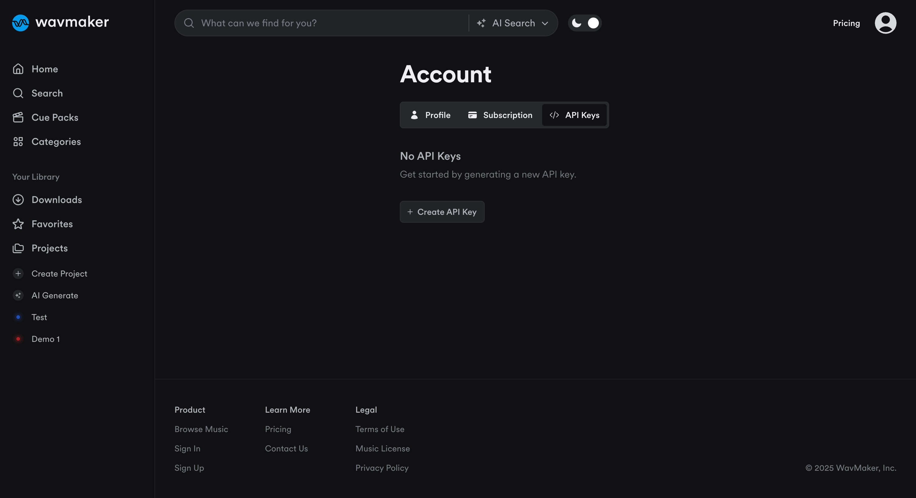 Screenshot showing how to generate an API key in the WavMaker dashboard