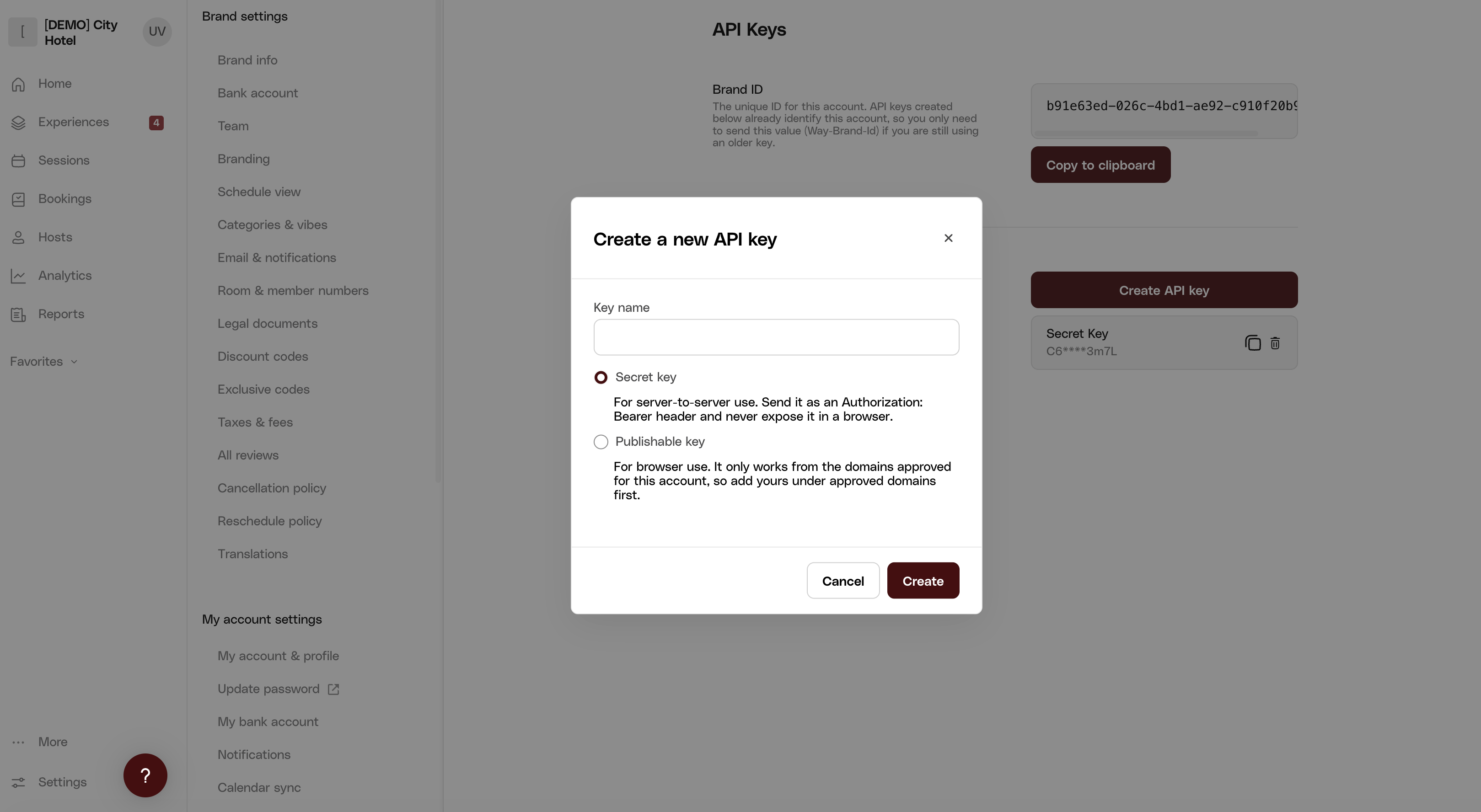 Creating a new API key in the Way dashboard