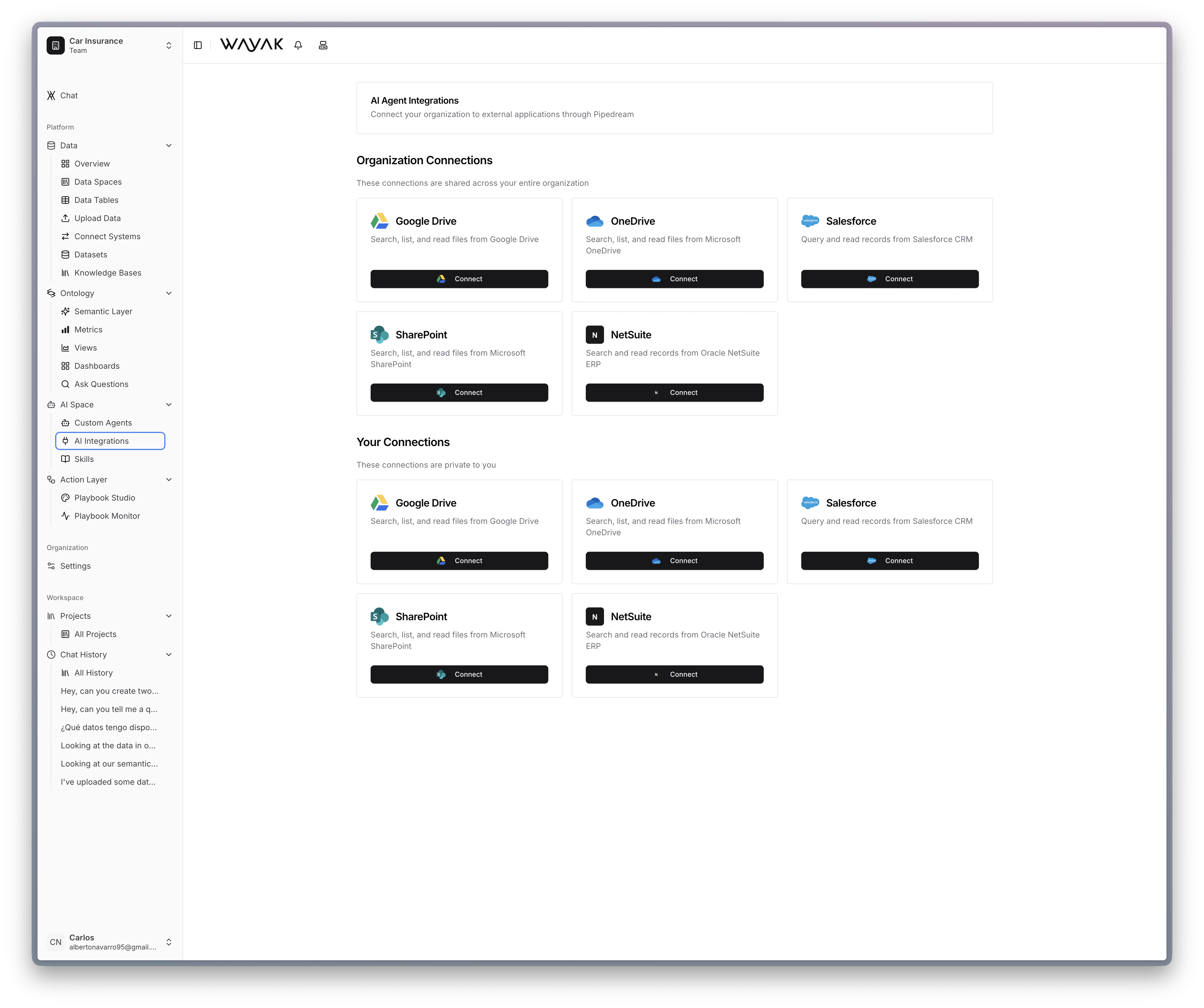 Wayak AI integrations interface