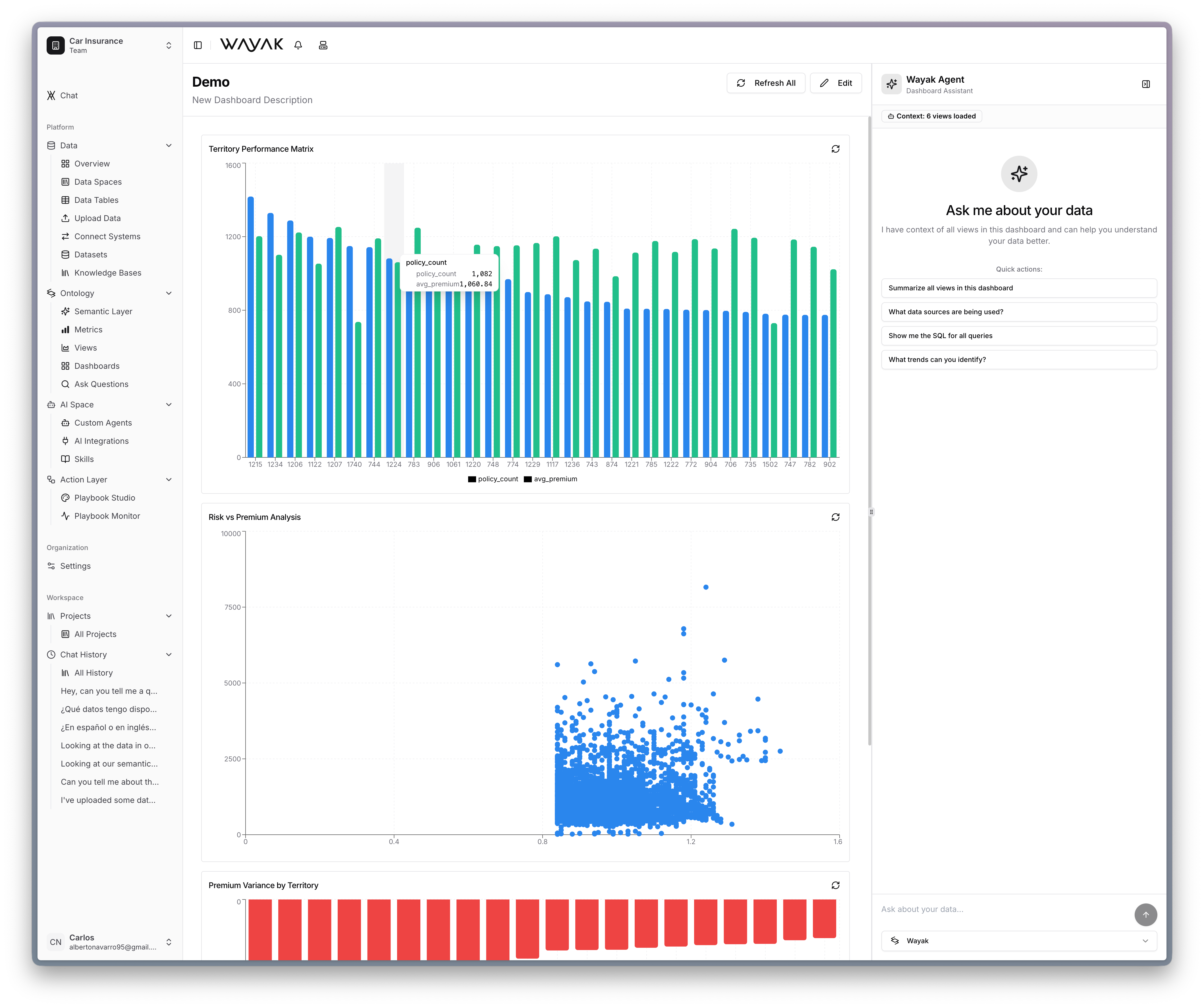 Wayak dashboard with embedded agent