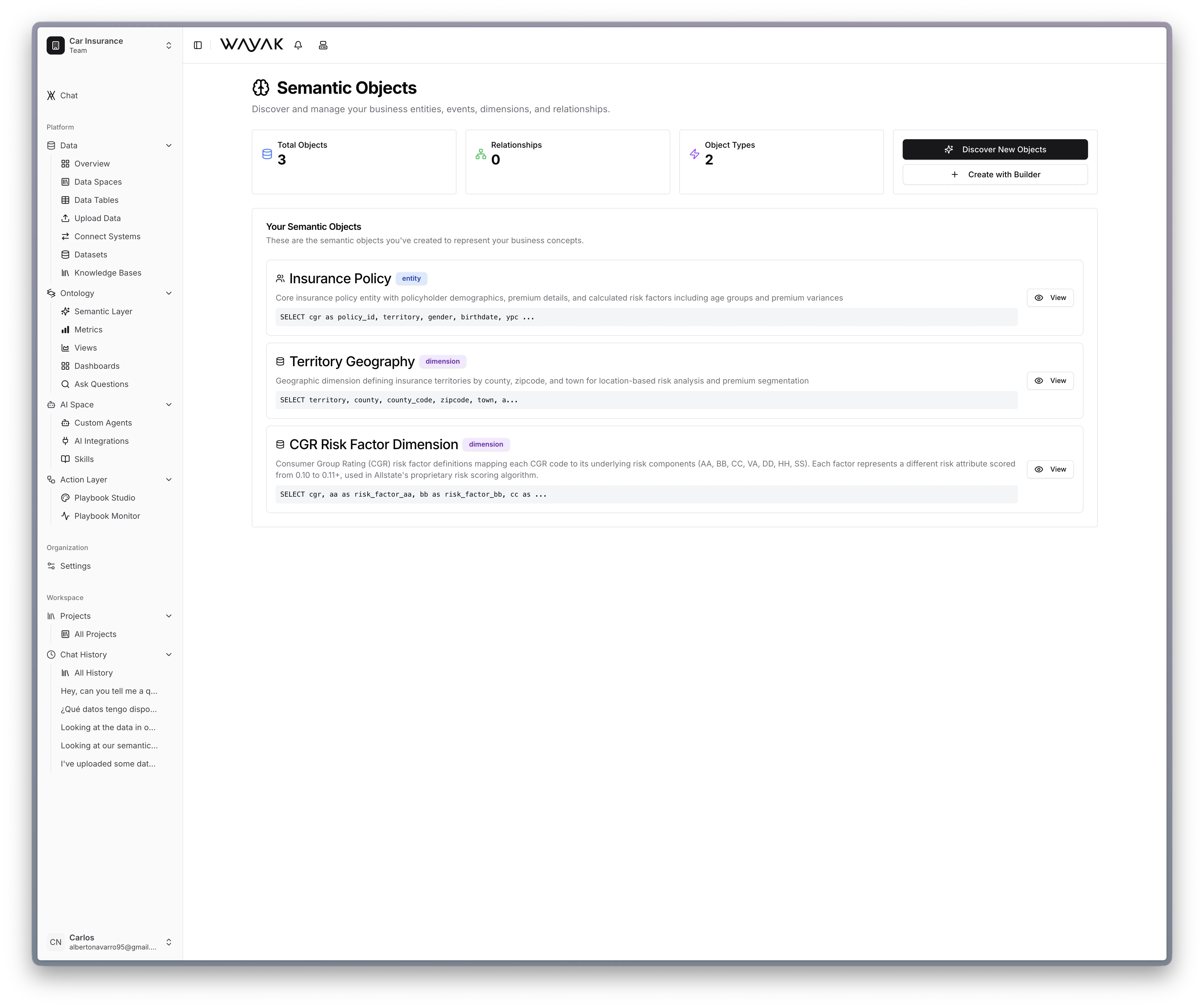 Wayak semantic objects interface