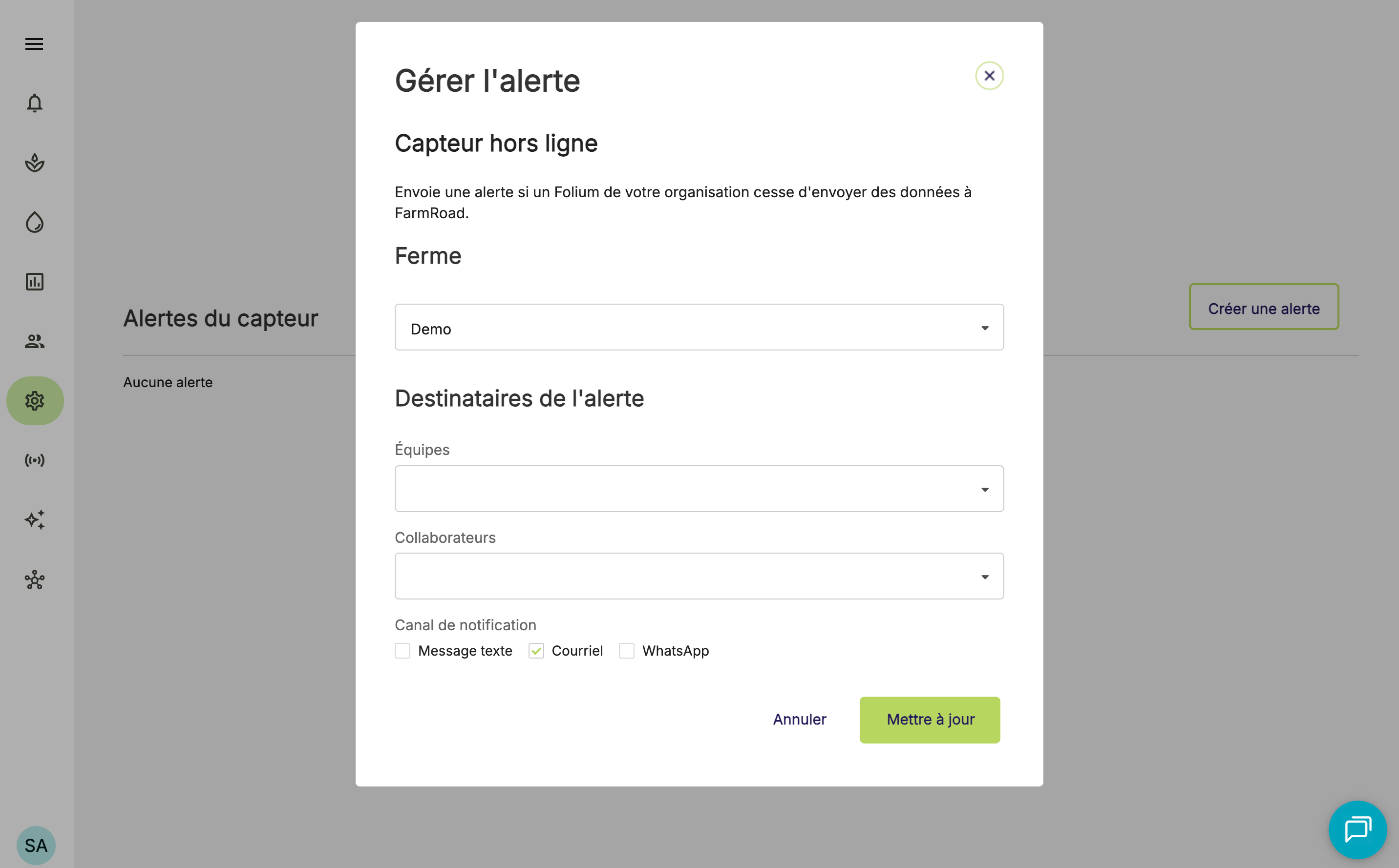 Farm Road Create Sensor Offline Alert Manage Alert FR