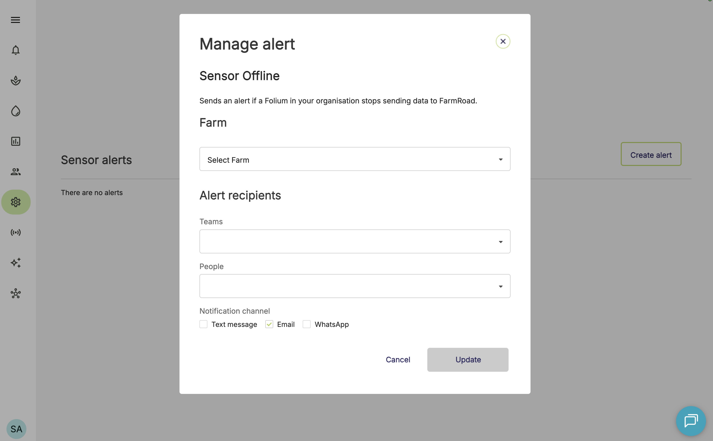 Farm Road Create Sensor Offline Alert Manage Alert