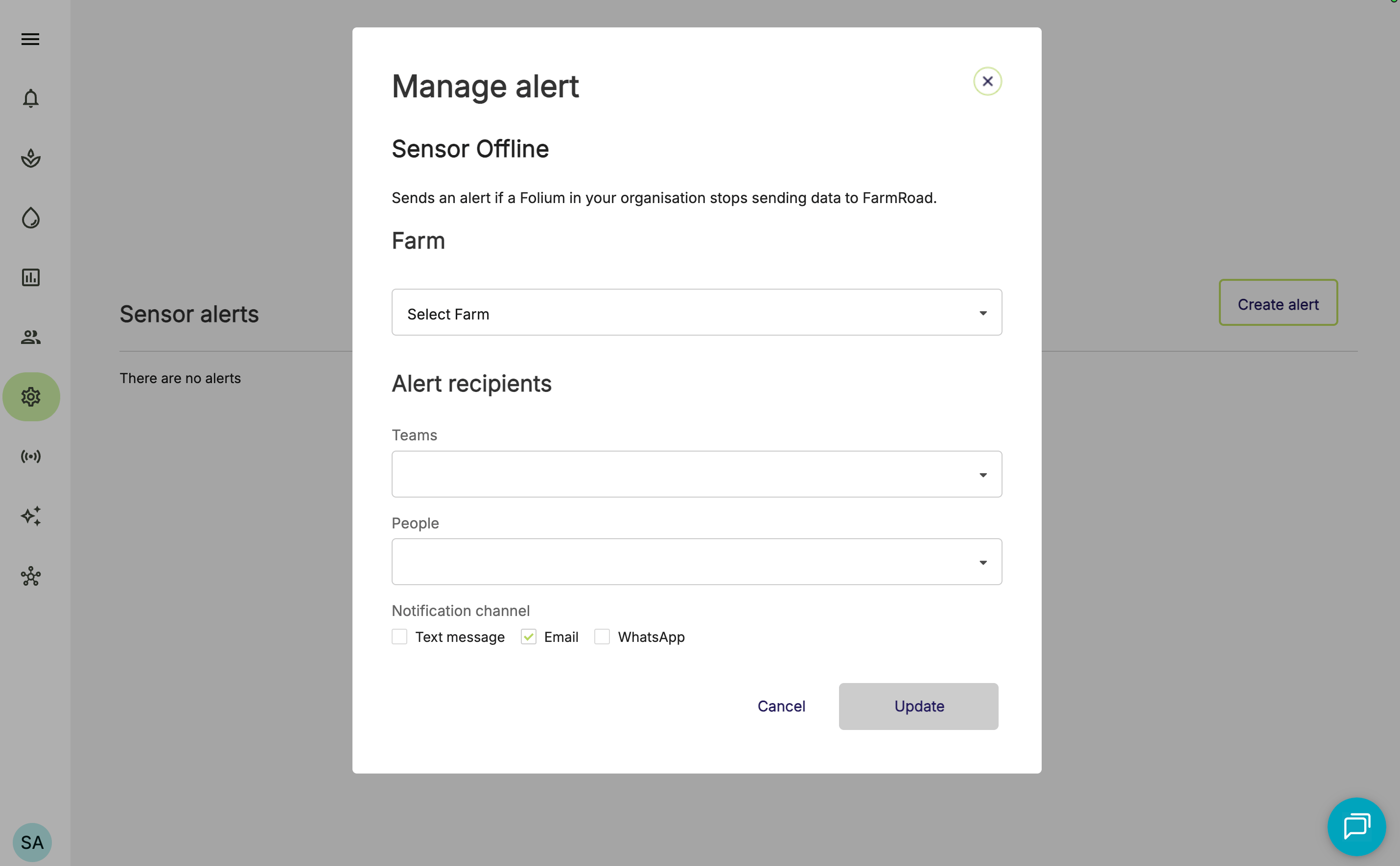 Farm Road Create Sensor Offline Alert Manage Alert