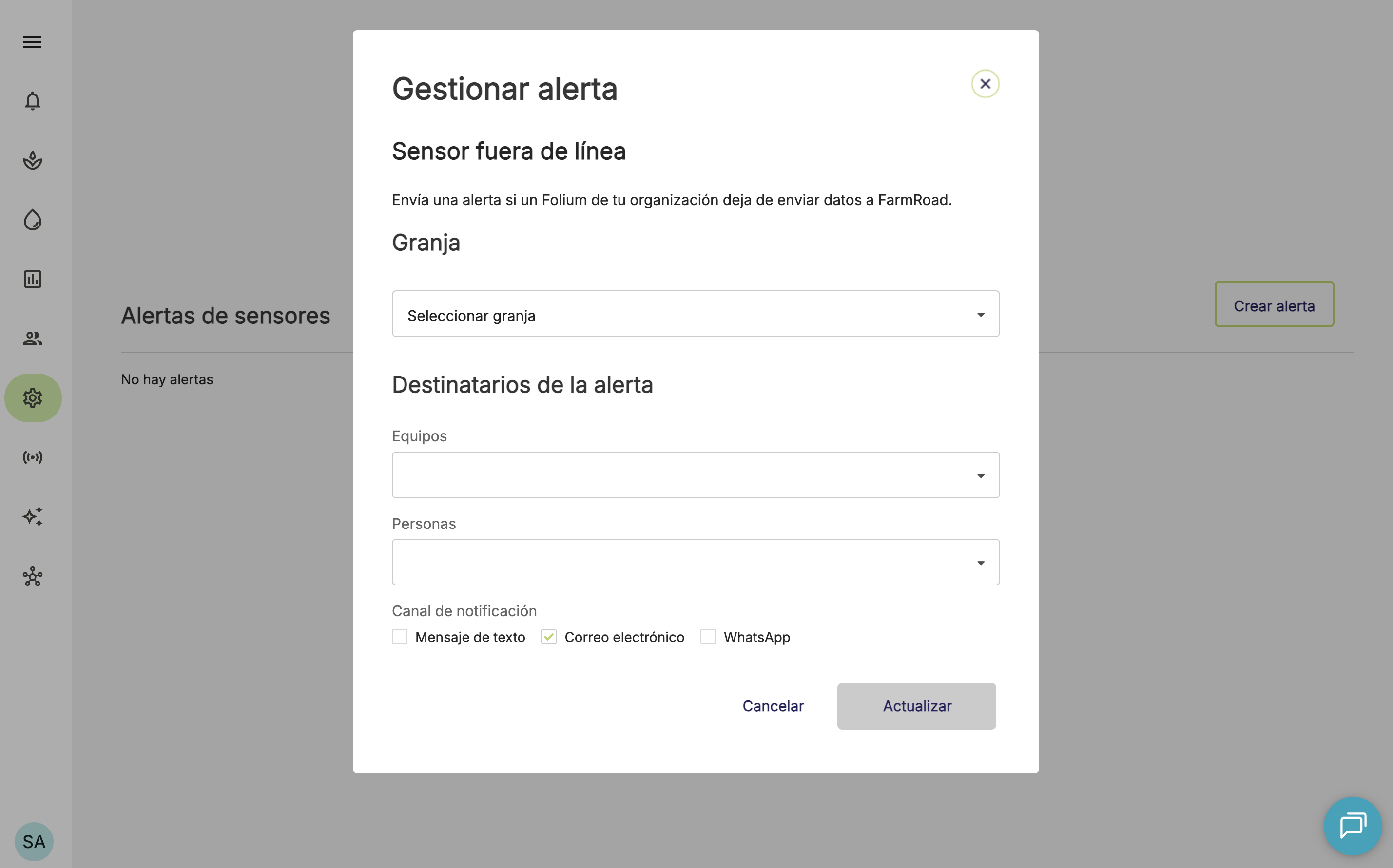 Farm Road Create Sensor Offline Alert Manage Alert ES