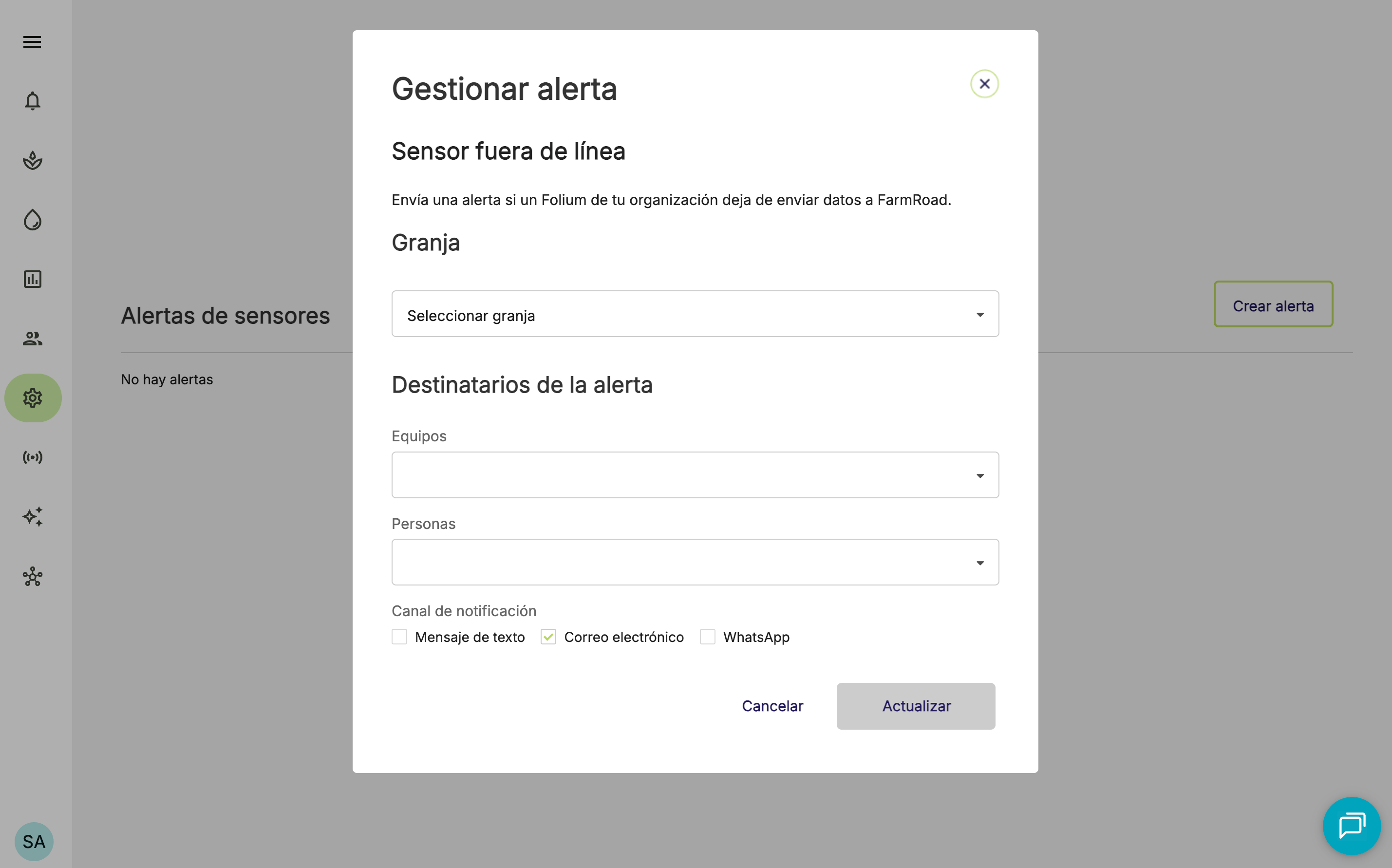 Farm Road Create Sensor Offline Alert Manage Alert ES