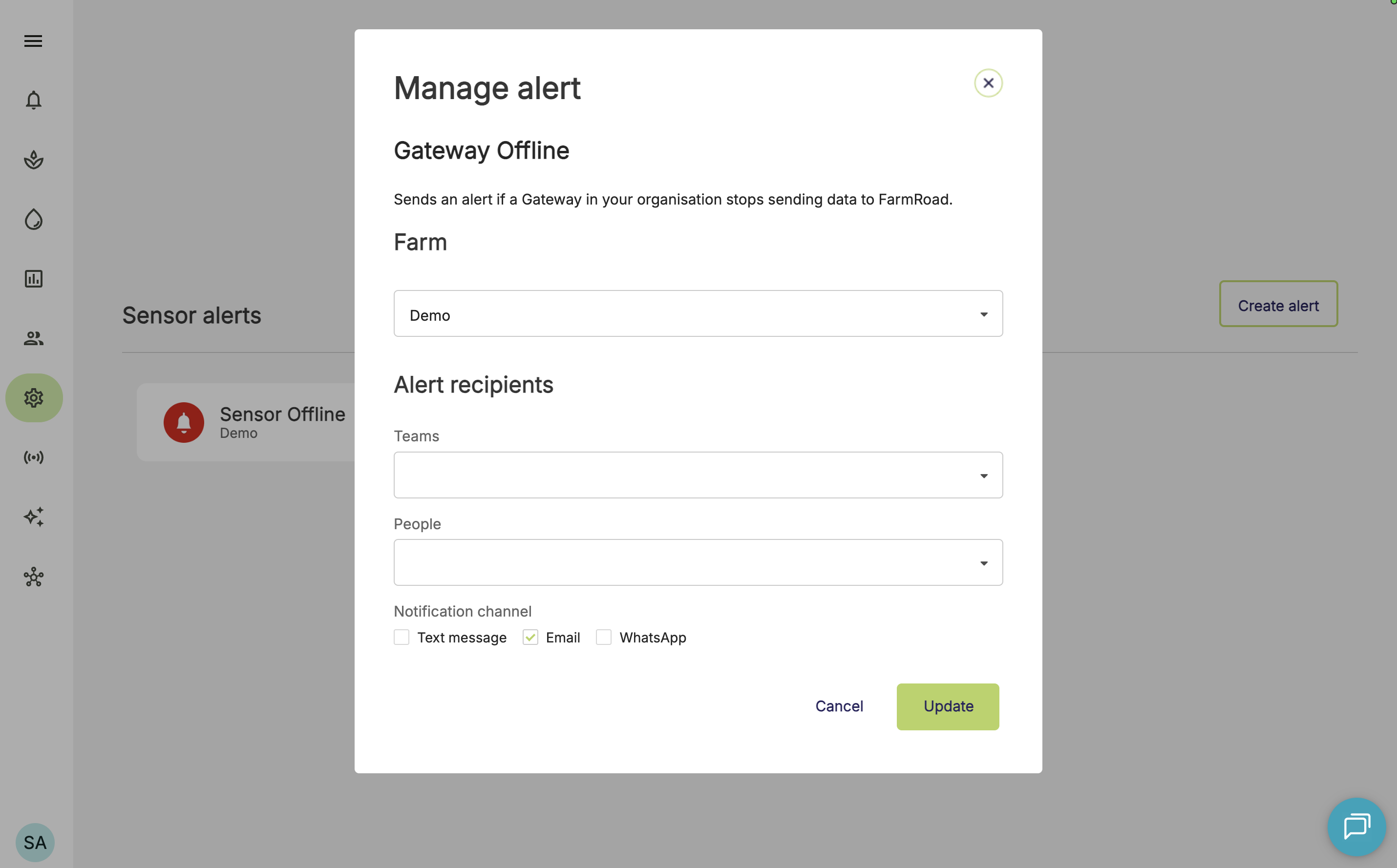 Farm Road Create Gateway Offline Alert Manage Alert