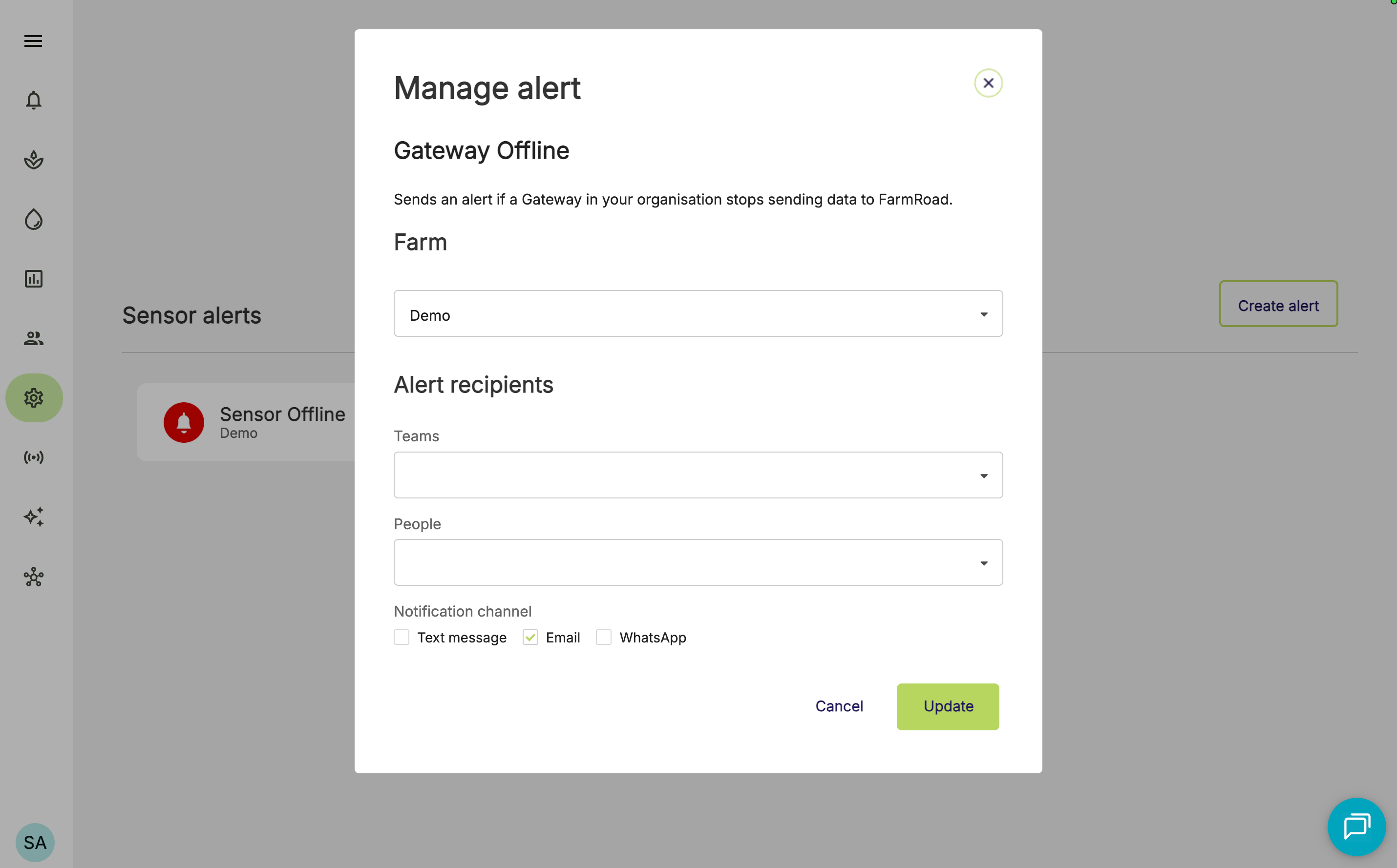 Farm Road Create Gateway Offline Alert Manage Alert