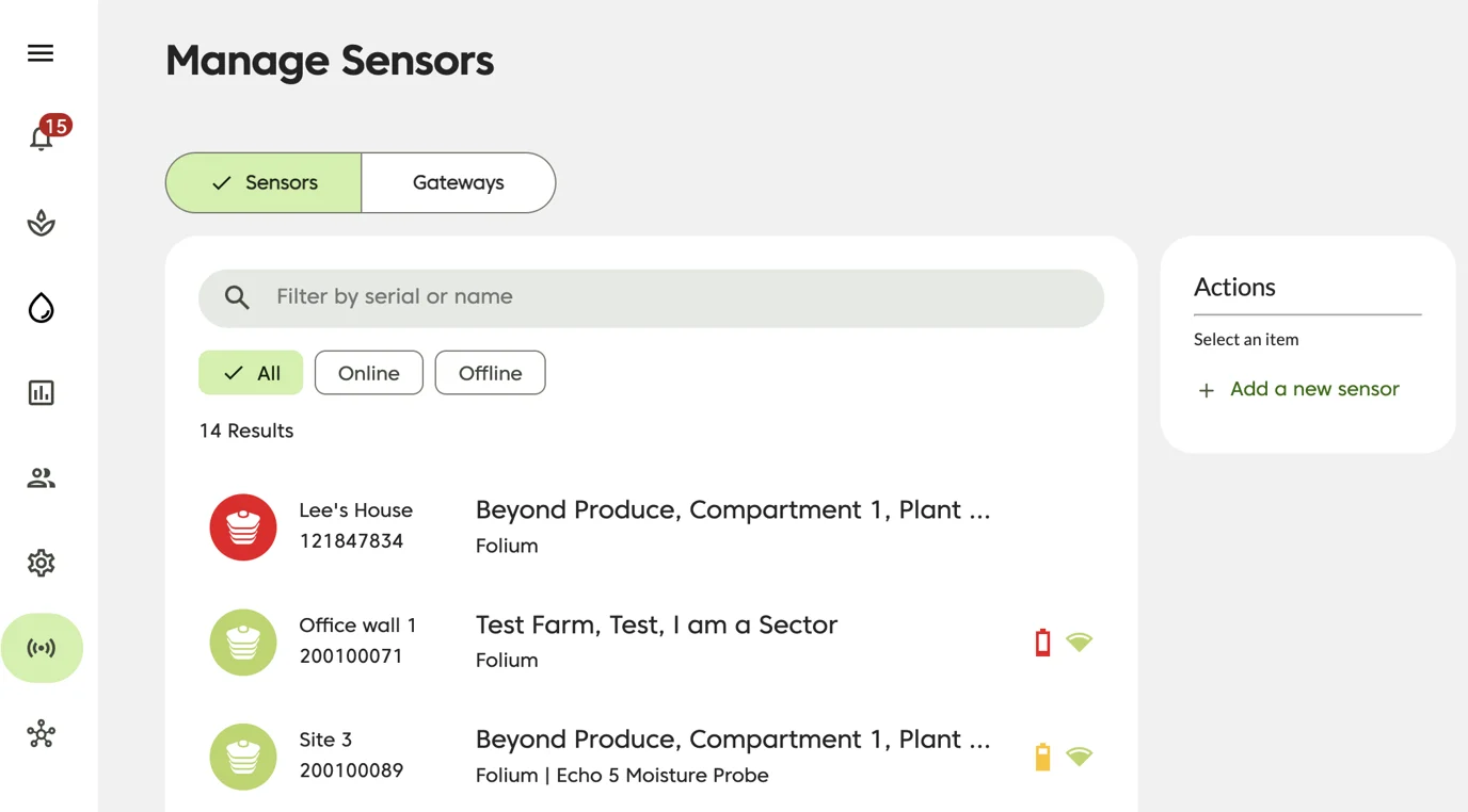 Farm Road Manage Sensors Page