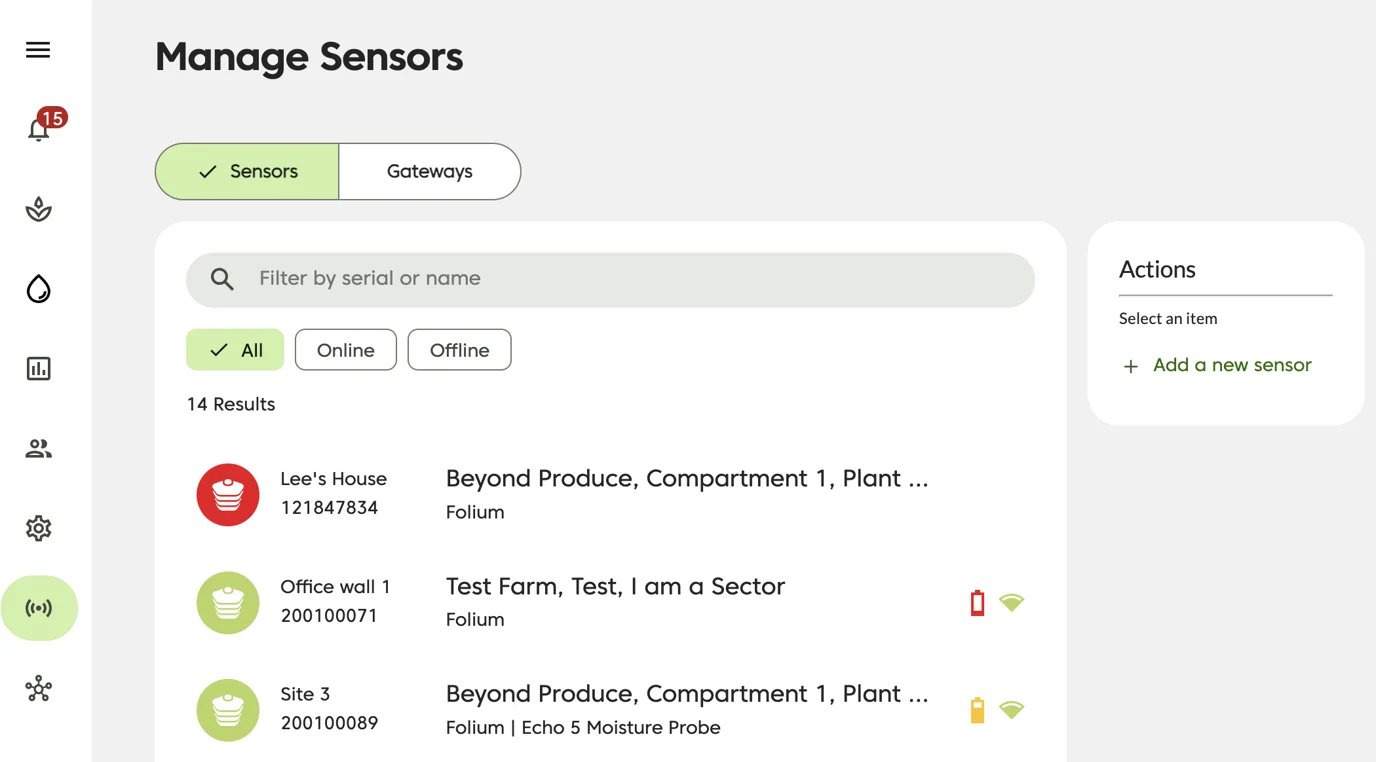 Farm Road Manage Sensors Page
