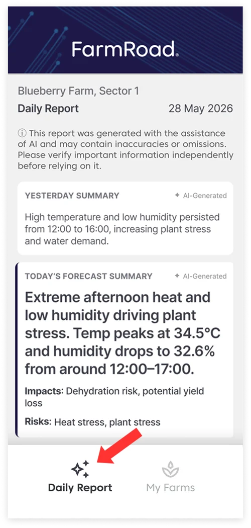 Farm Road Agronomy Intelligence Sample Daily Report On App