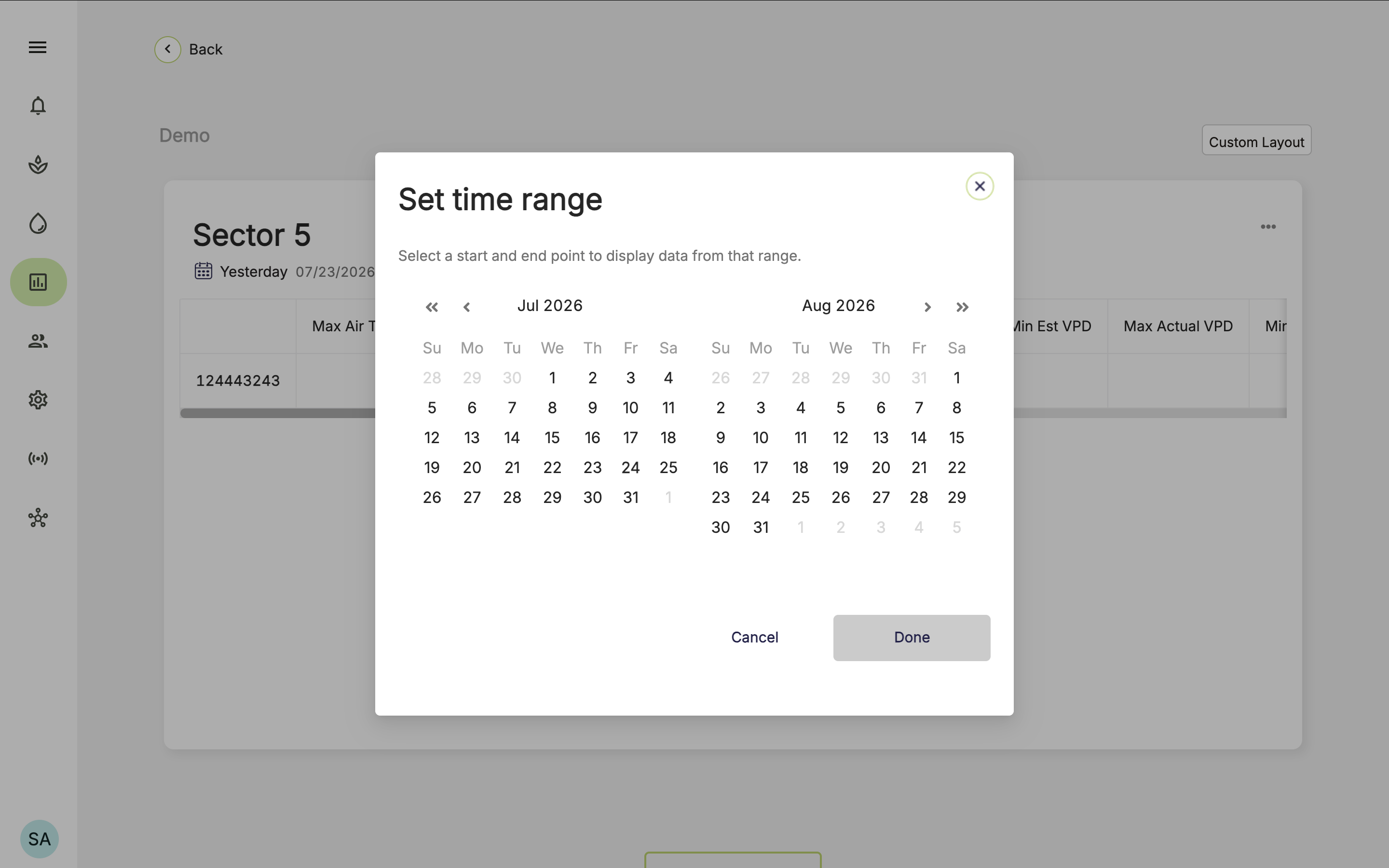 Farm Road Historical Readings Table Select Time Range