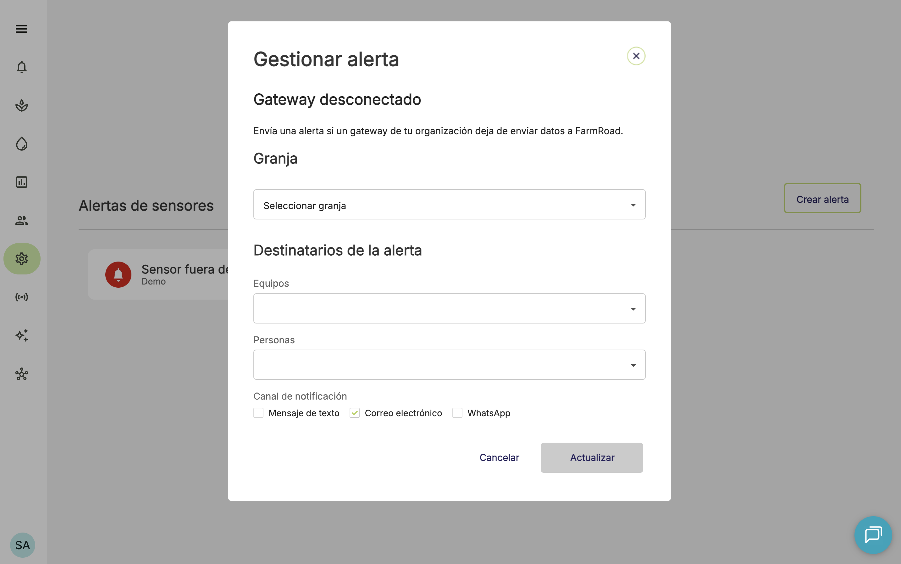 Farm Road Create Gateway Offline Alert Add Details ES