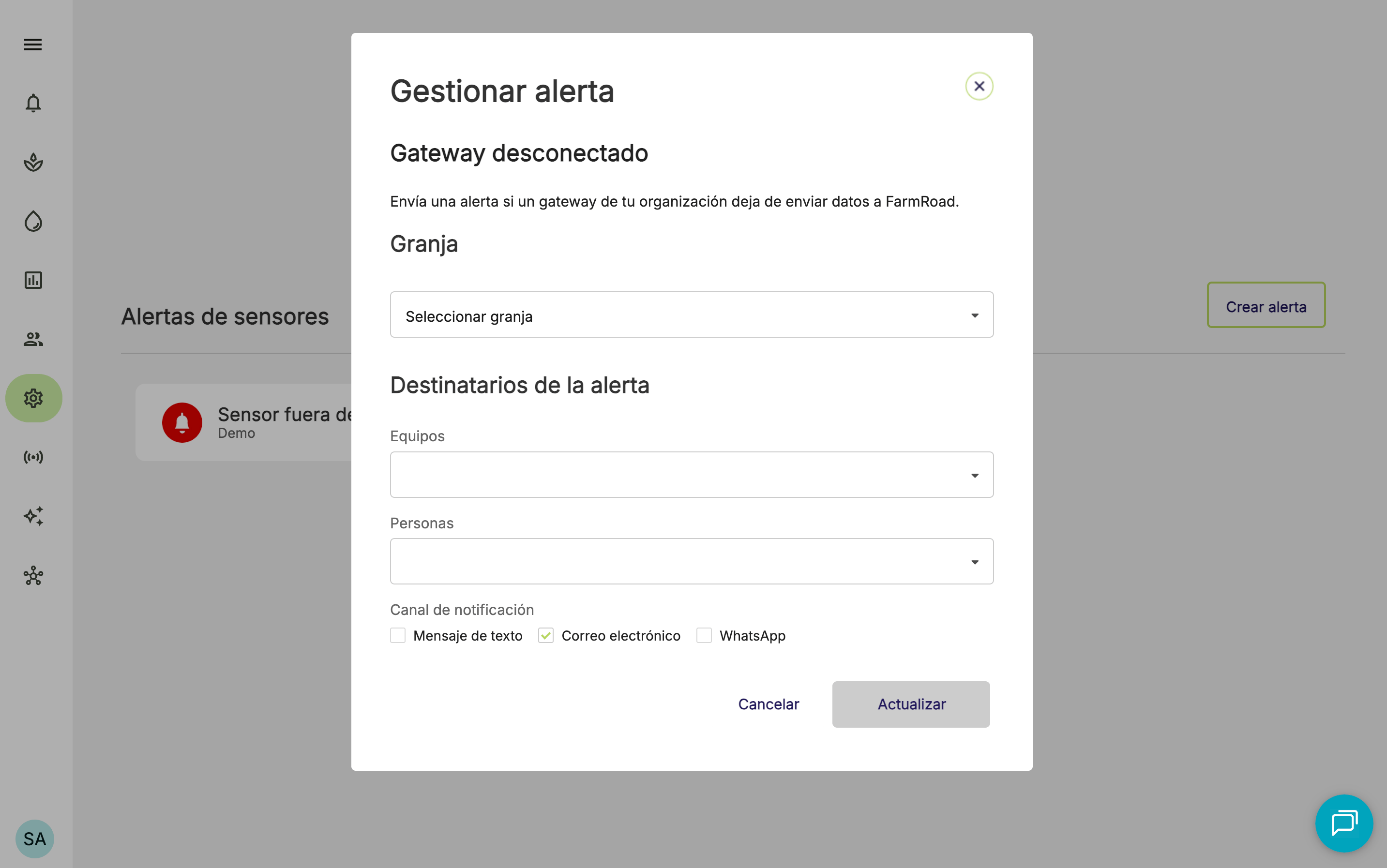 Farm Road Create Gateway Offline Alert Add Details ES