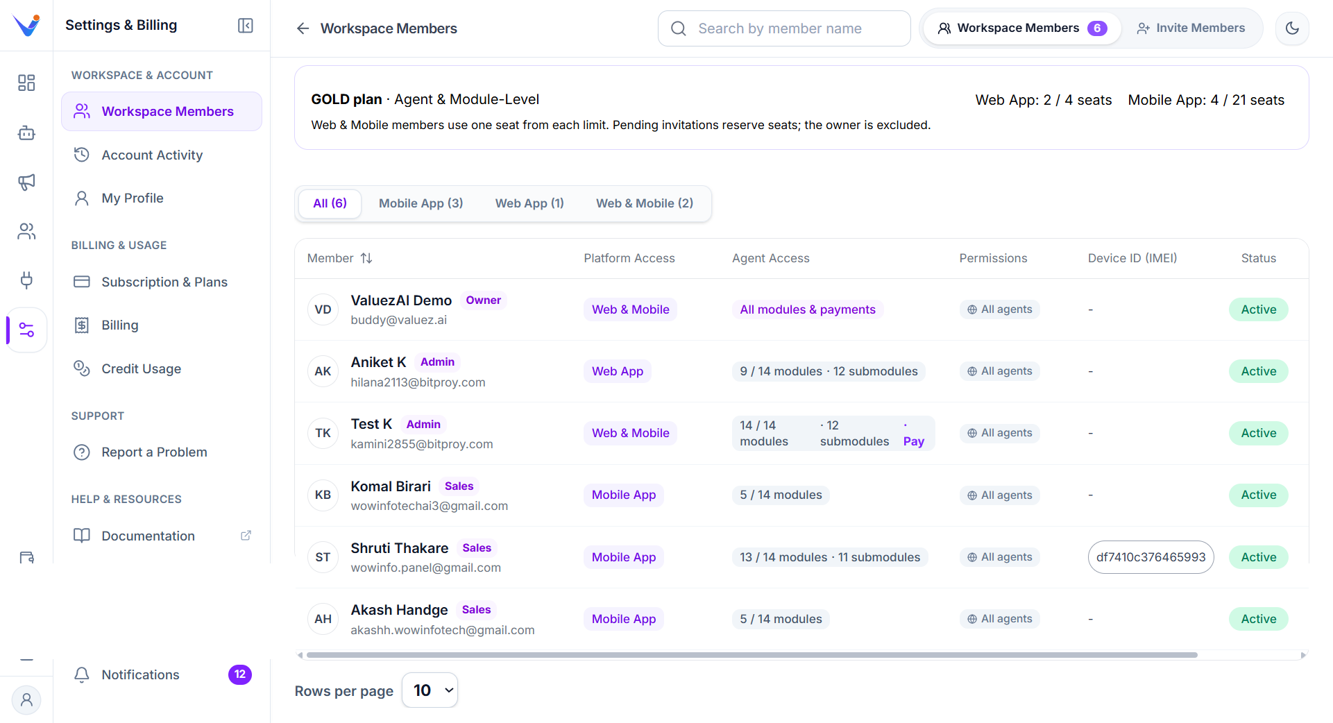 Workspace Members - Valuez AI