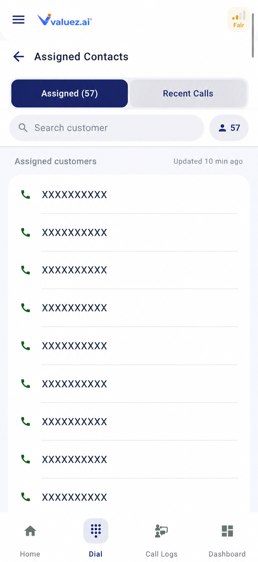Assigned contacts in the Valuez AI Dial tab