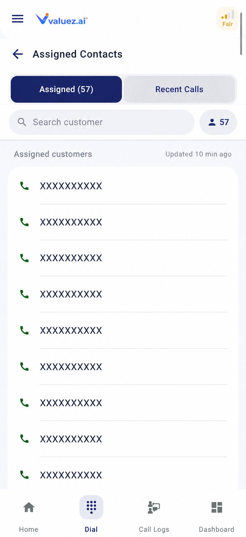 Assigned contacts in the Valuez AI Dial tab