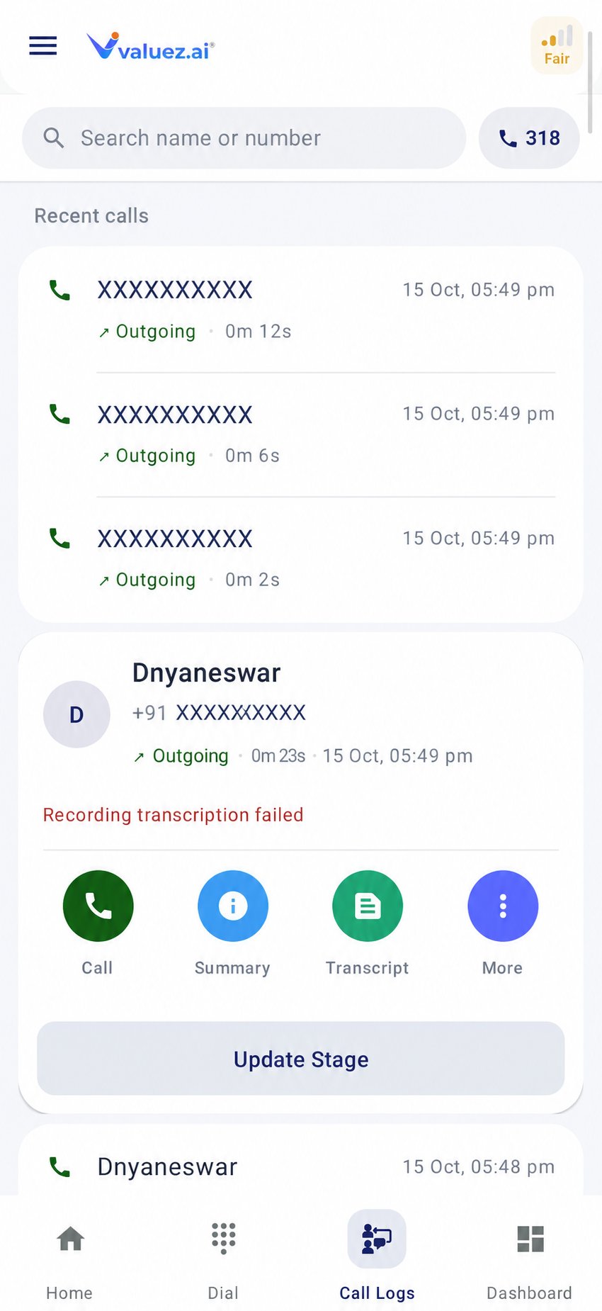 Valuez AI Call Logs list