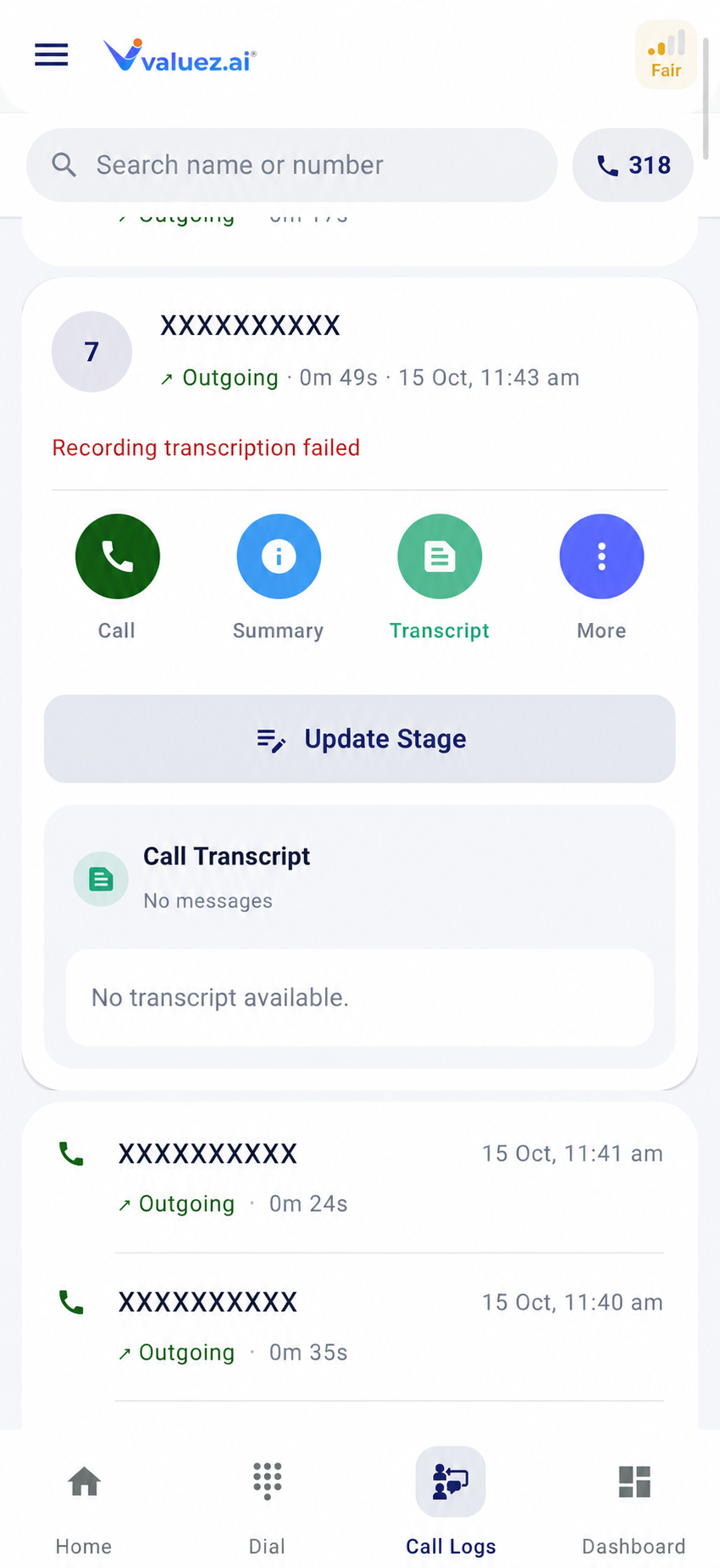 Customer call record with summary transcript and actions
