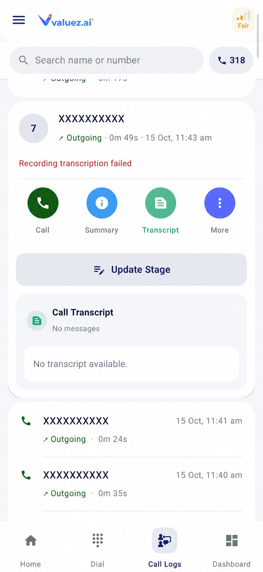 Customer call record with summary transcript and actions