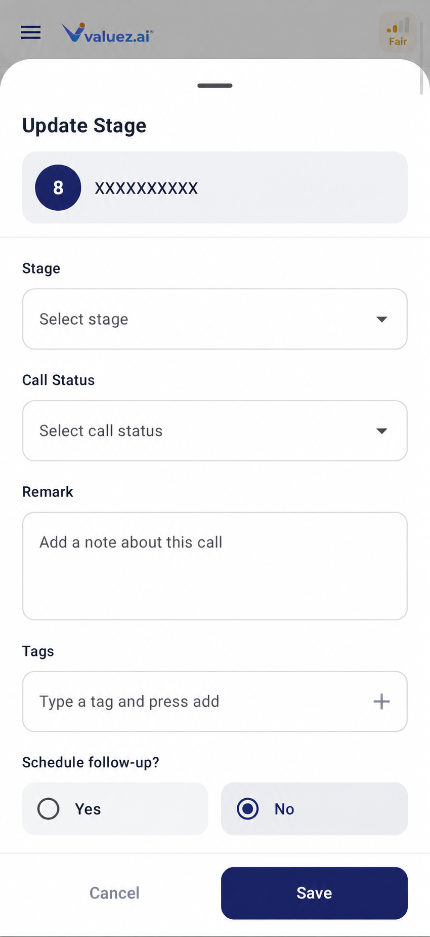 Valuez AI Update Stage form