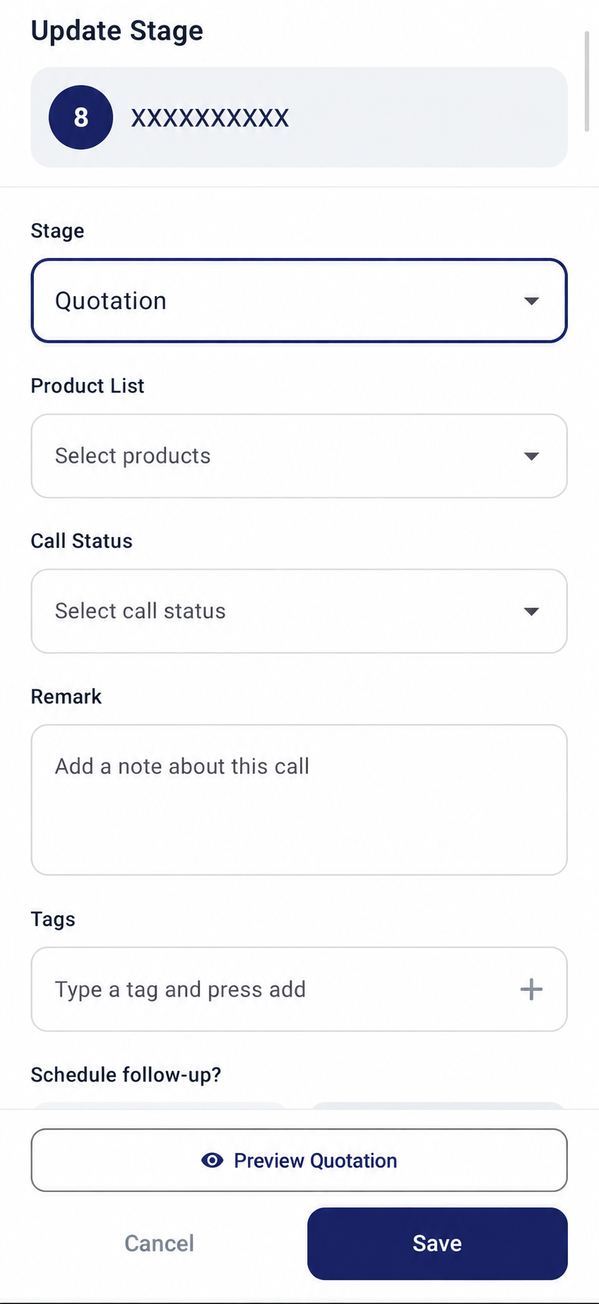 Quotation stage with product list and preview quotation