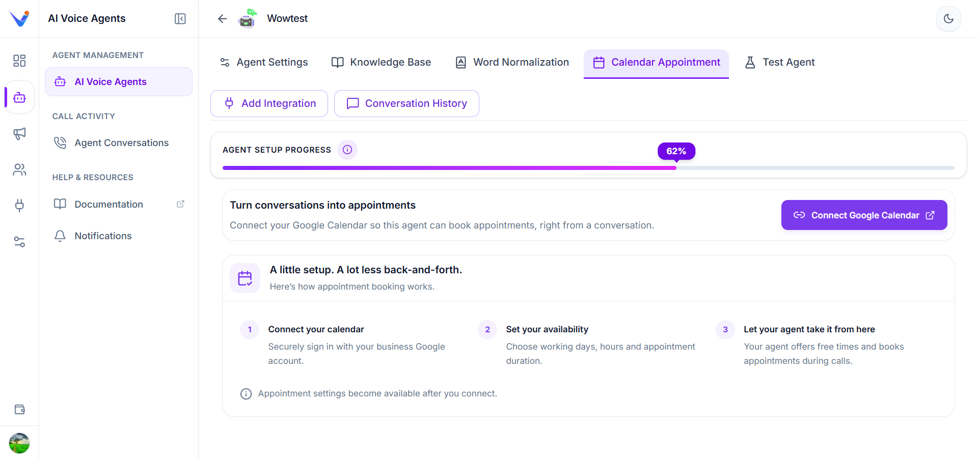 Calendar Appointment tab with Connect Google Calendar button
