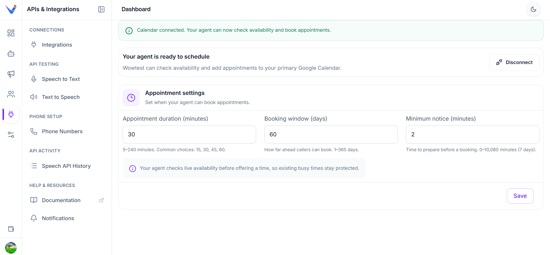 Connected Google Calendar with appointment duration, booking window, minimum notice and Save button