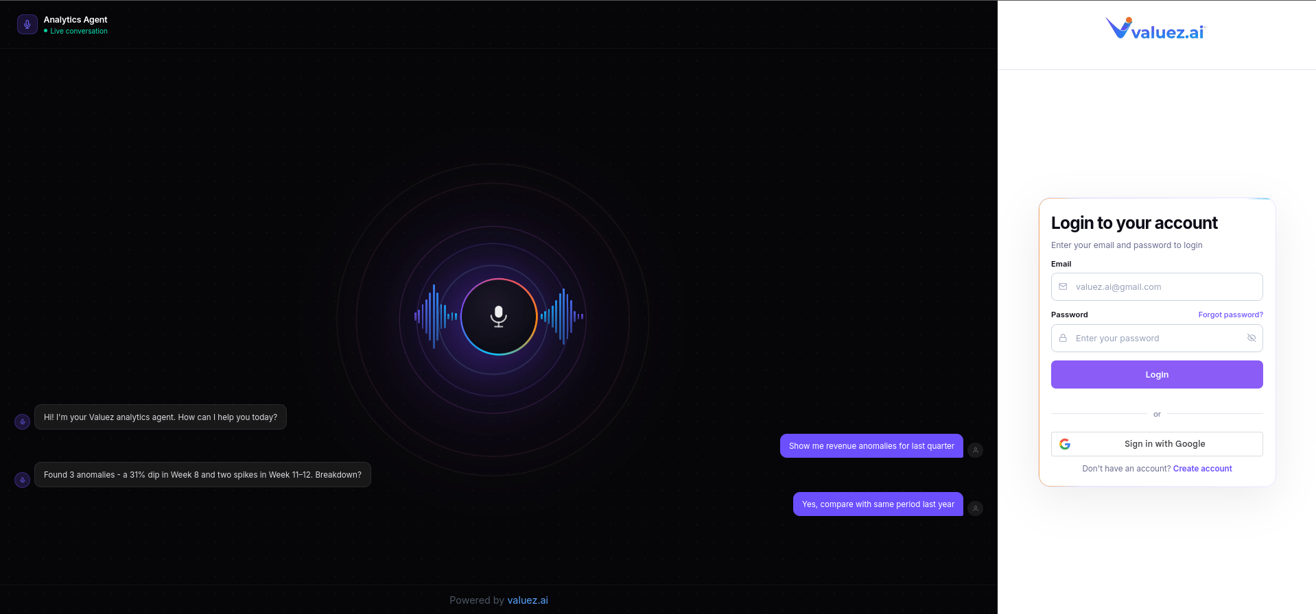Valuez AI Login Screen