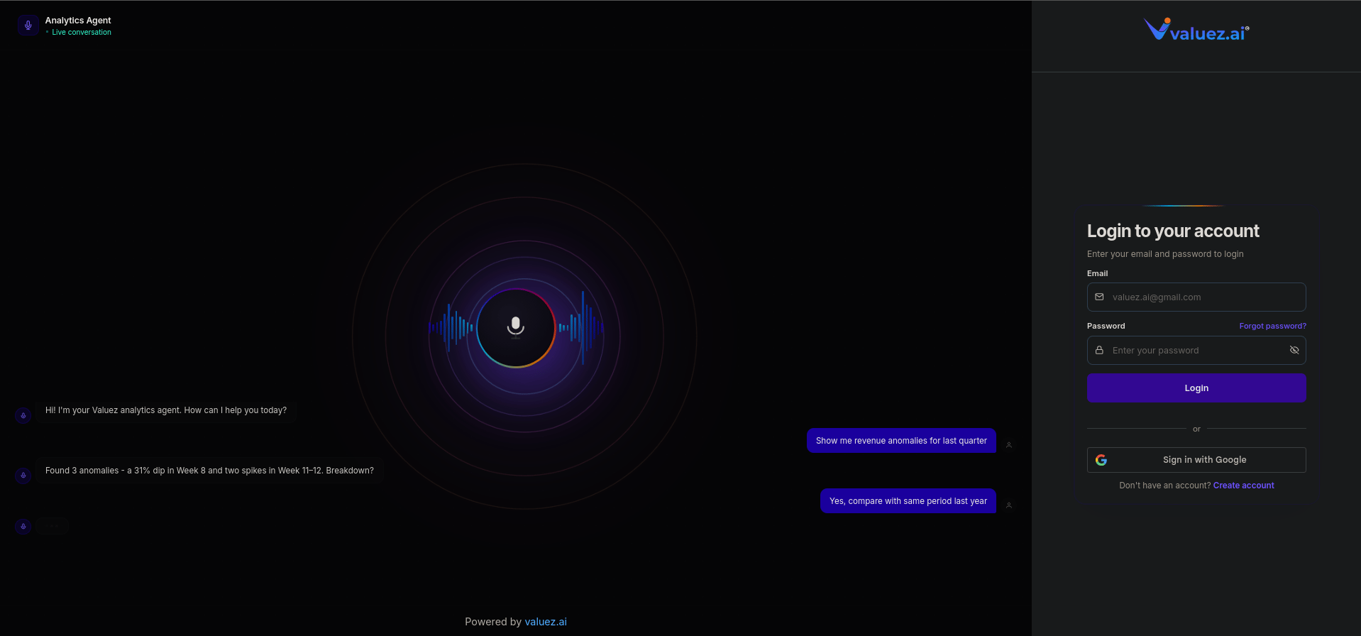 Valuez AI Login Screen